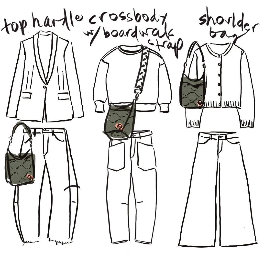 sketch of sage marcel bucket bag in coordination with three different outfits.
