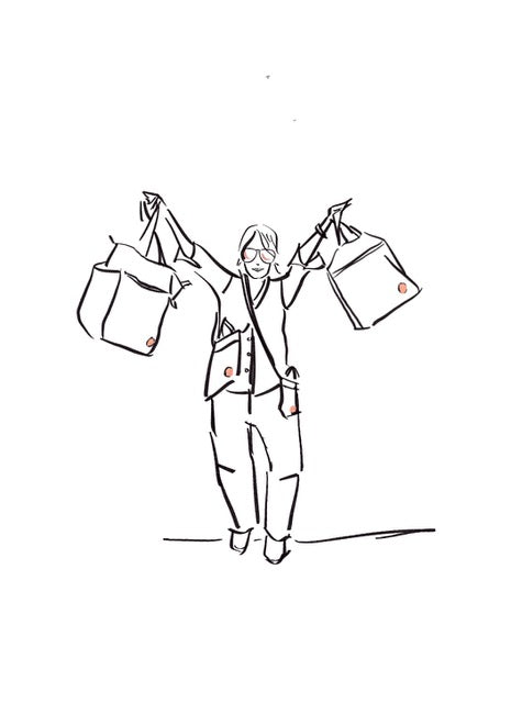 sketch of sloane the founder holding up a tillie tote bag and wonder crossbody bag, while wearing an amuse and shorthand crossbody bag.