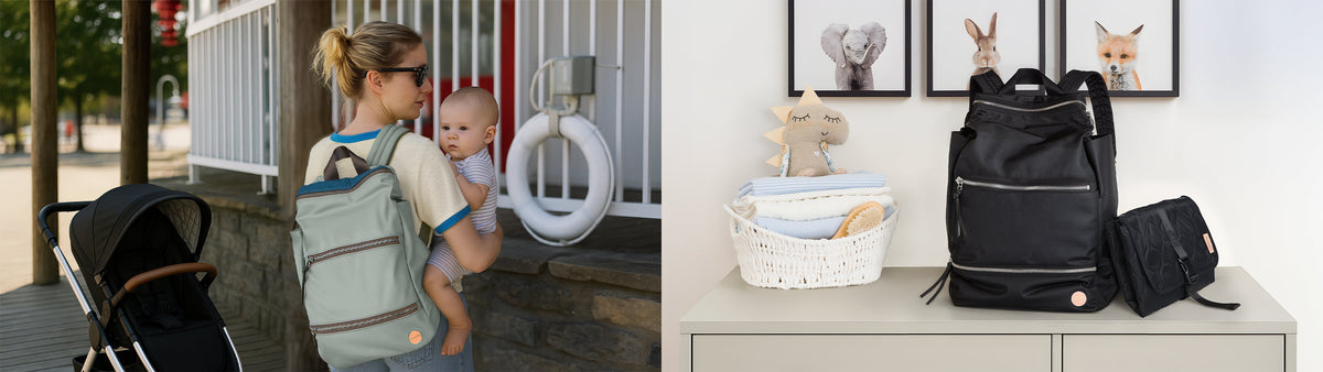 two images of boxer backpacks - one on dresser with baby changing mat and one being worn by a mom holding a baby