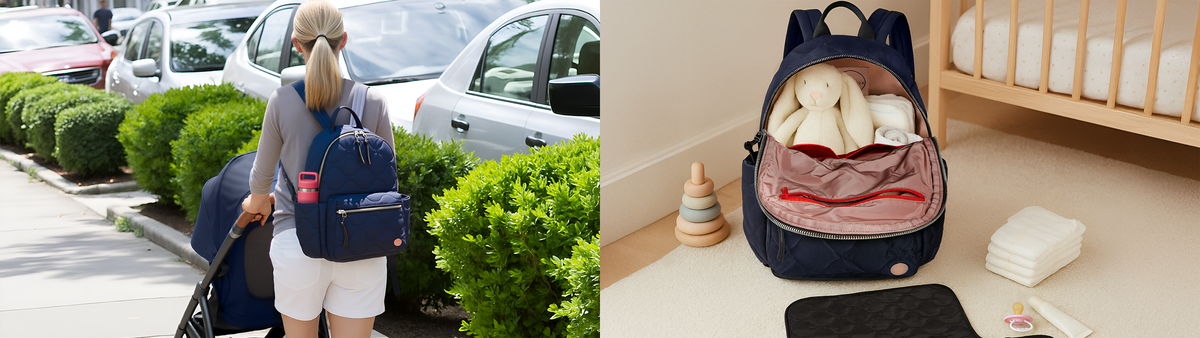 2 images of tate quilted backpack as a baby/diaper bag