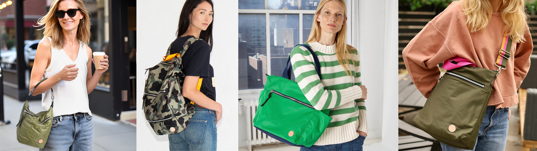 five images of shortyLOVE nylon women's handbags in army green, sage, and green camo