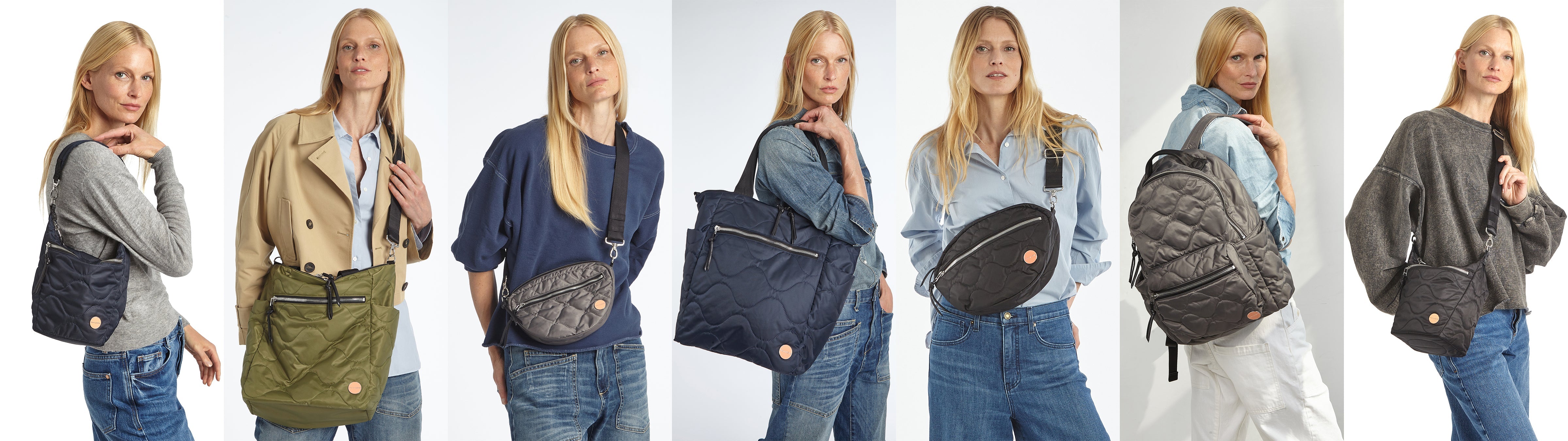 seven close up pictures of our various wave quilt bags in various colors on the same model in different outfits.