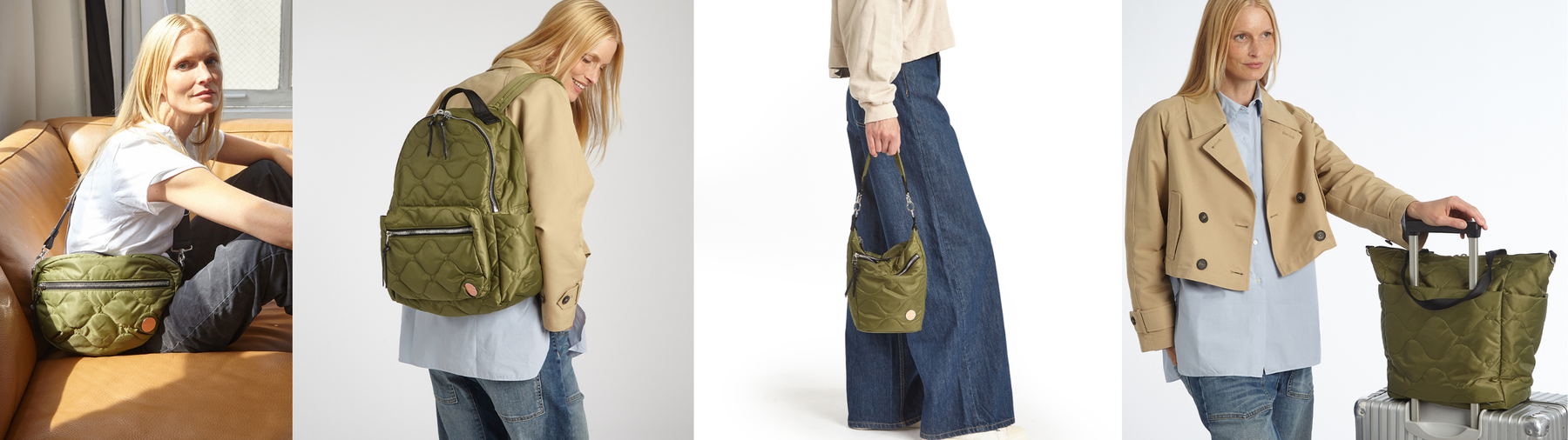 five images of our wave quilt crossbodies, tote and backpack in sage green with blond model.