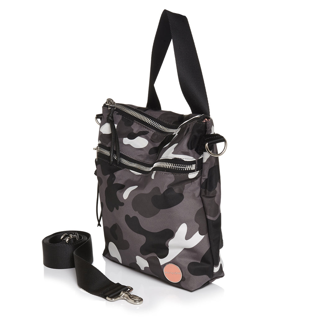 shortyLOVE amuse medium sized crossbody bag in grey camo; side angle view against white background.