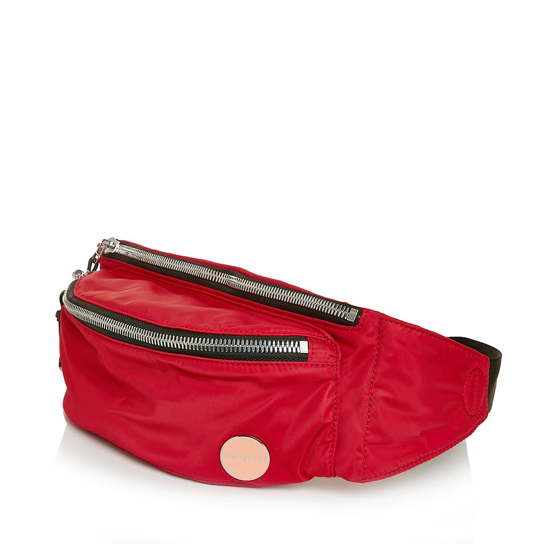 shortyLOVE arcade belt bag in red; side angle view against white background.