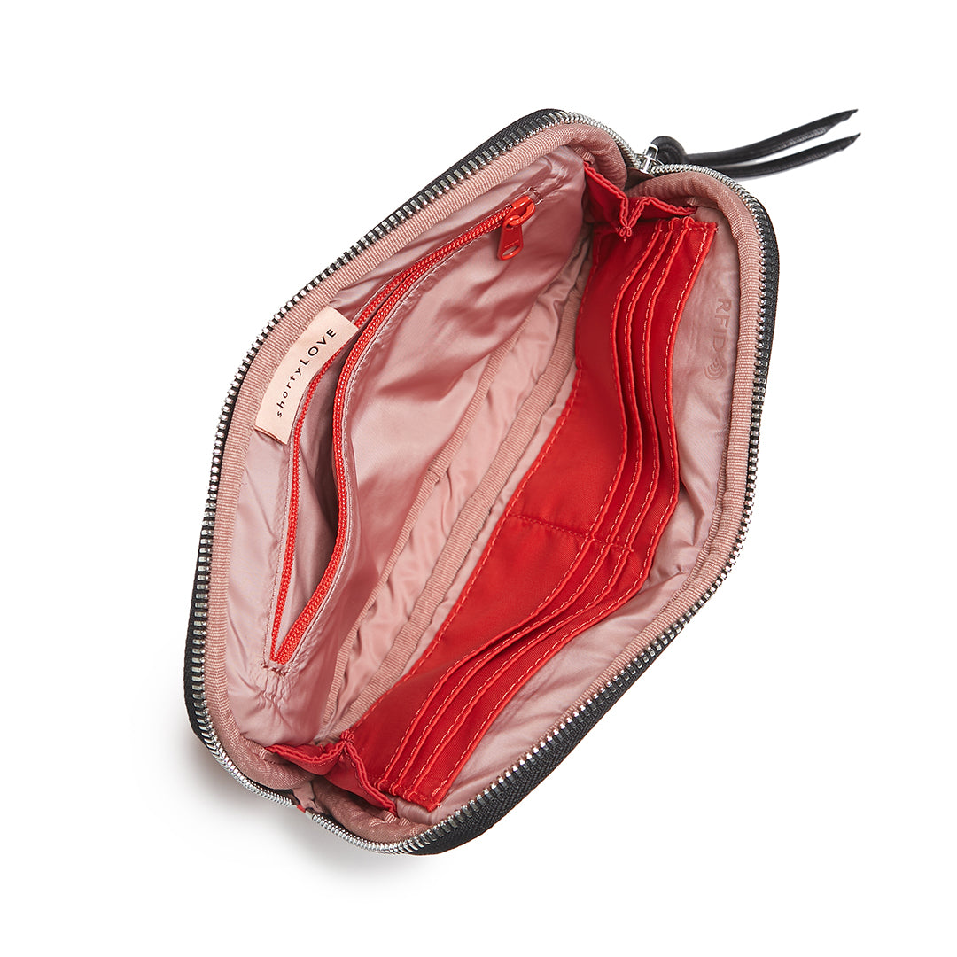 shortyLOVE jetty clutch/wallet in red; top-down view showing interior blush lining against white background.