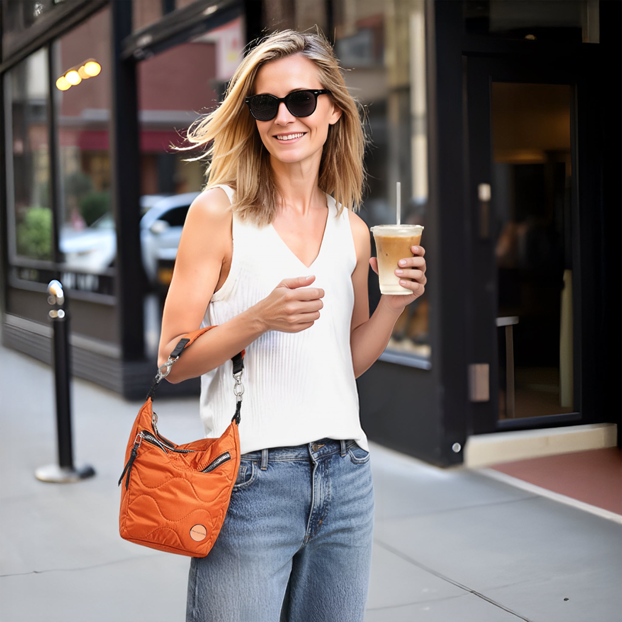 Woman holding a drink and an orange marcel quilted crossbody bag on a city street