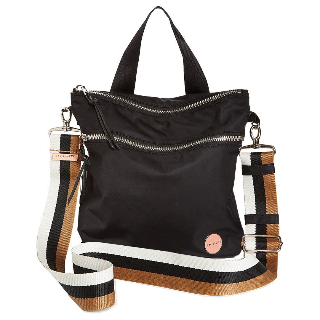 shortyLOVE boardwalk strap in brown/black/almond; shown with amuse bag in black.