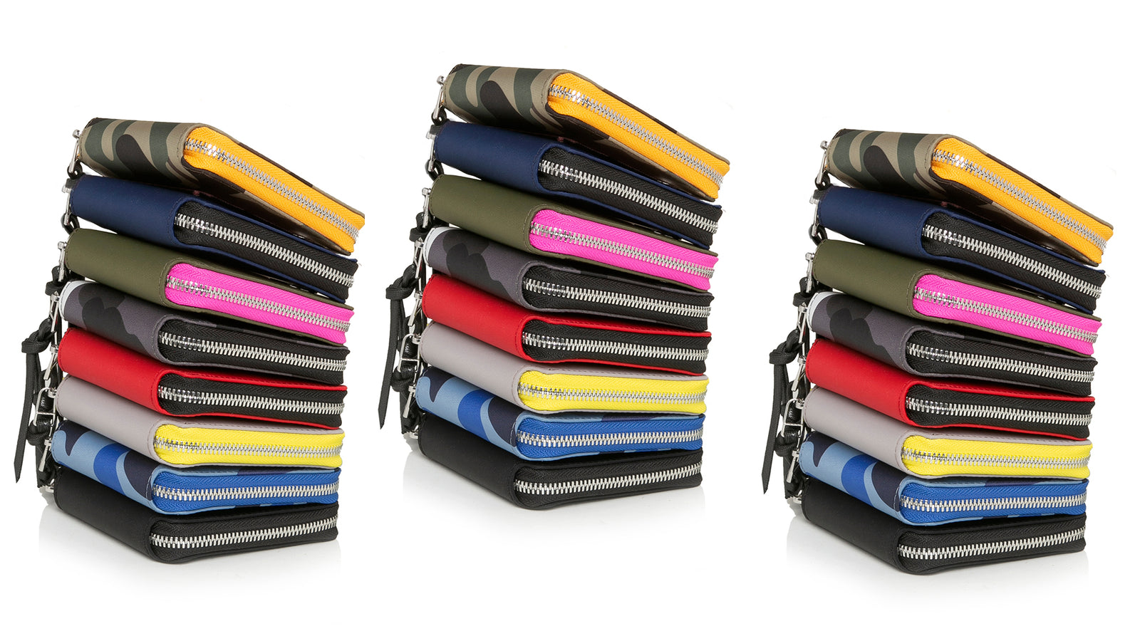 Three stacks of merchant wallets in all colors stacked eight high against a white background.