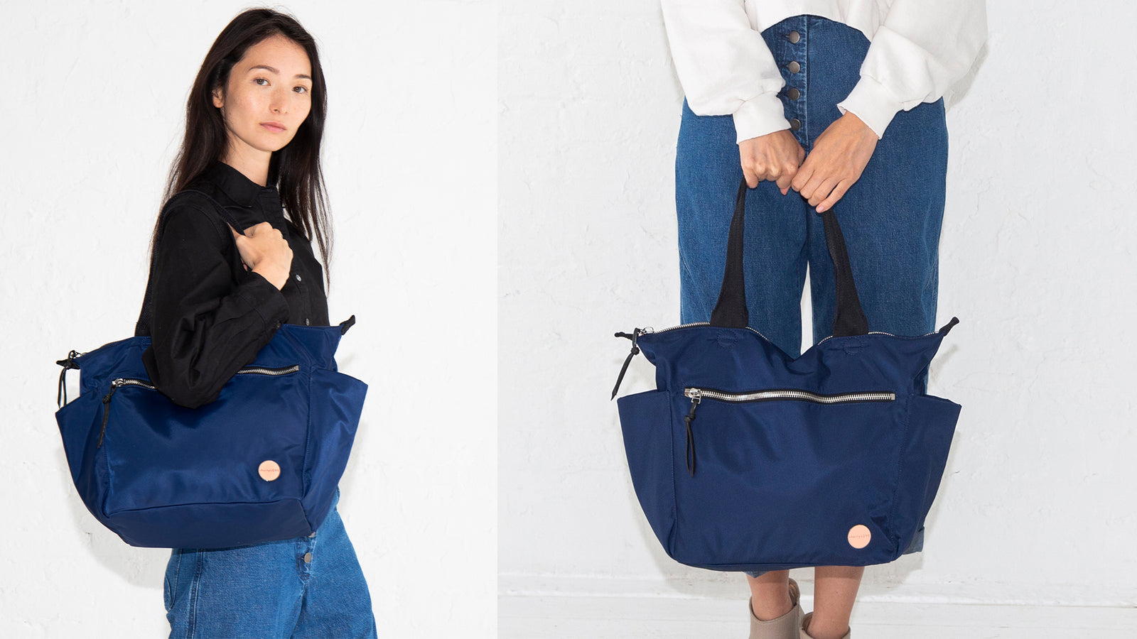 Two pictures of model wearing a navy tote bag across shoulder and held by her hands.
