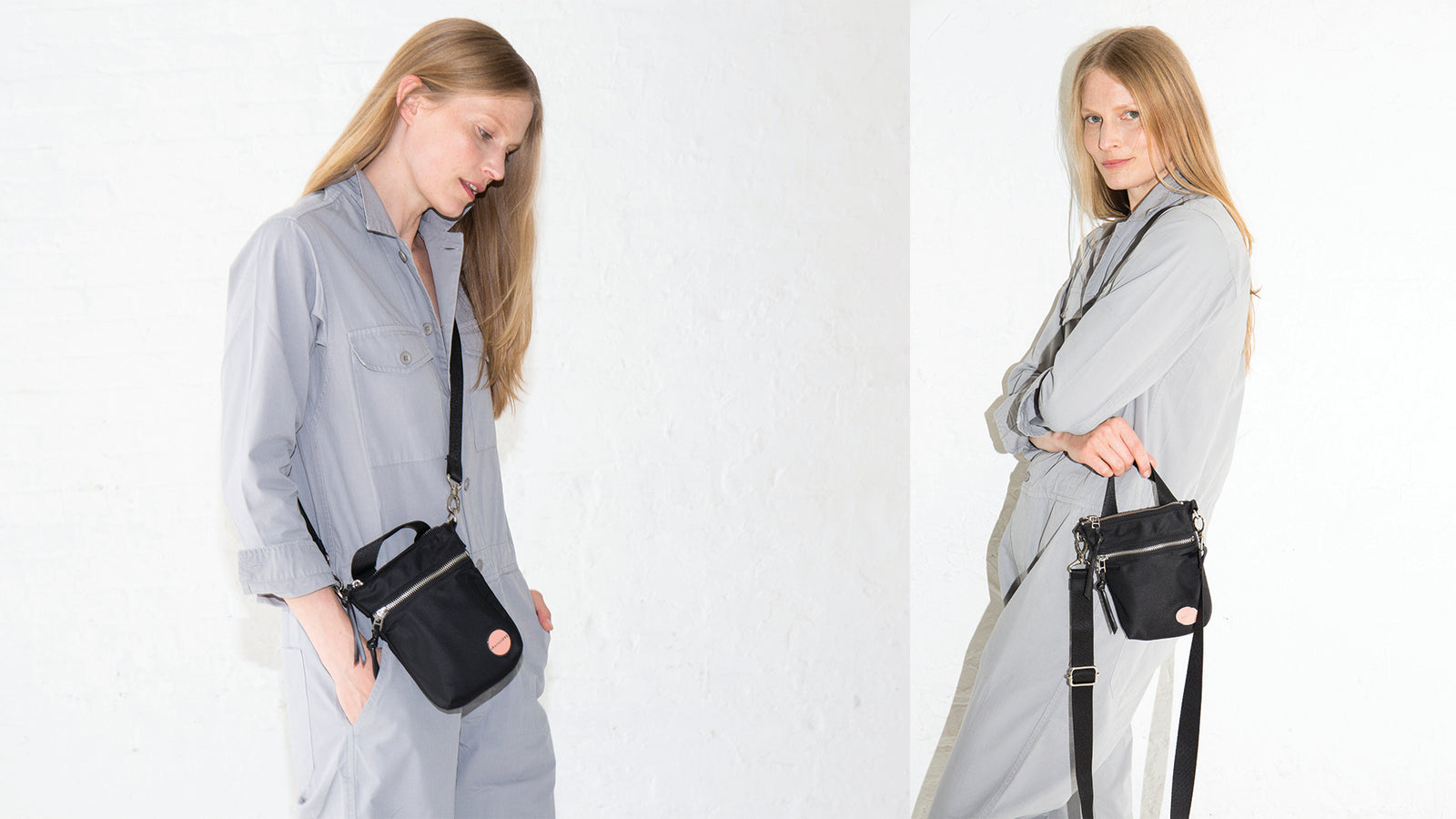Two pictures of model wearing a black crossbody phone bag across shoulder and in her hand.