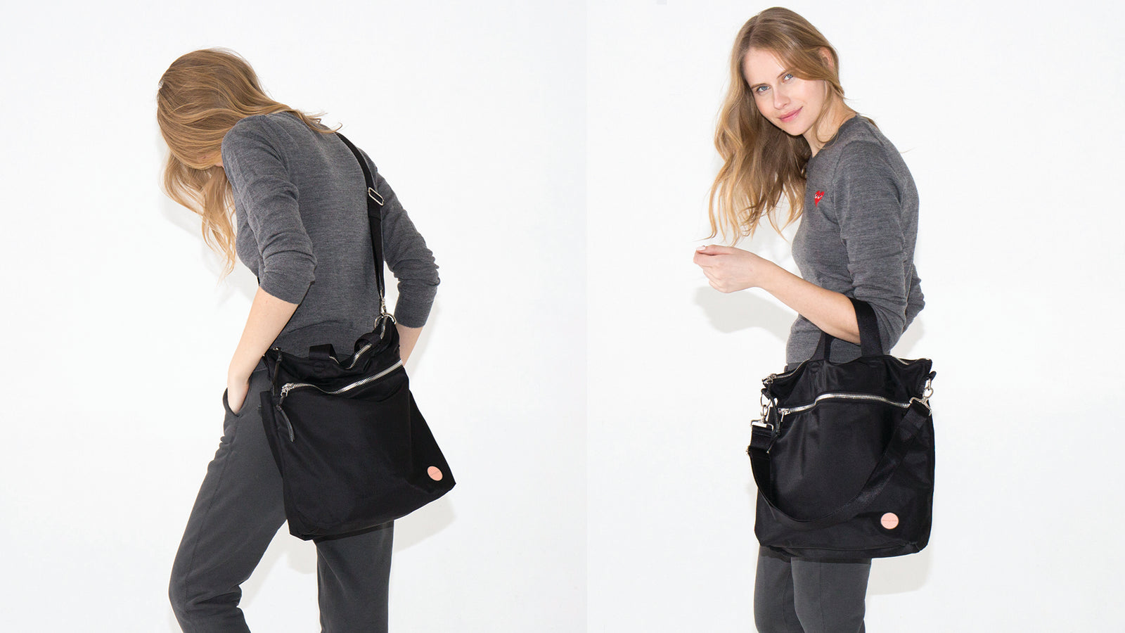 Two pictures of model wearing a black crossbody messenger bag across shoulder and over arm.