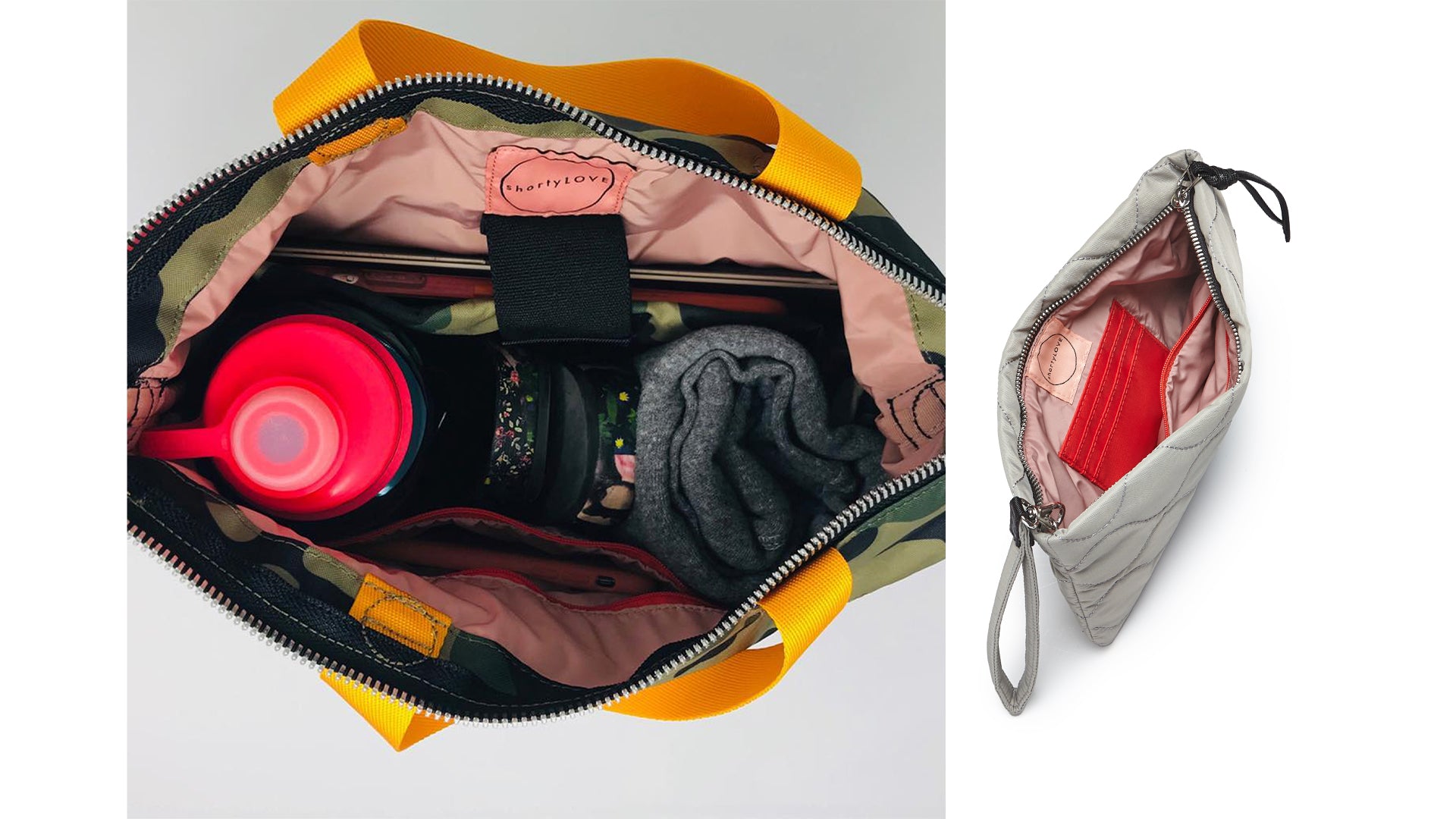 images showing the organized, pocketed interior of a wonder crossbody bag and cleo wristlet clutch