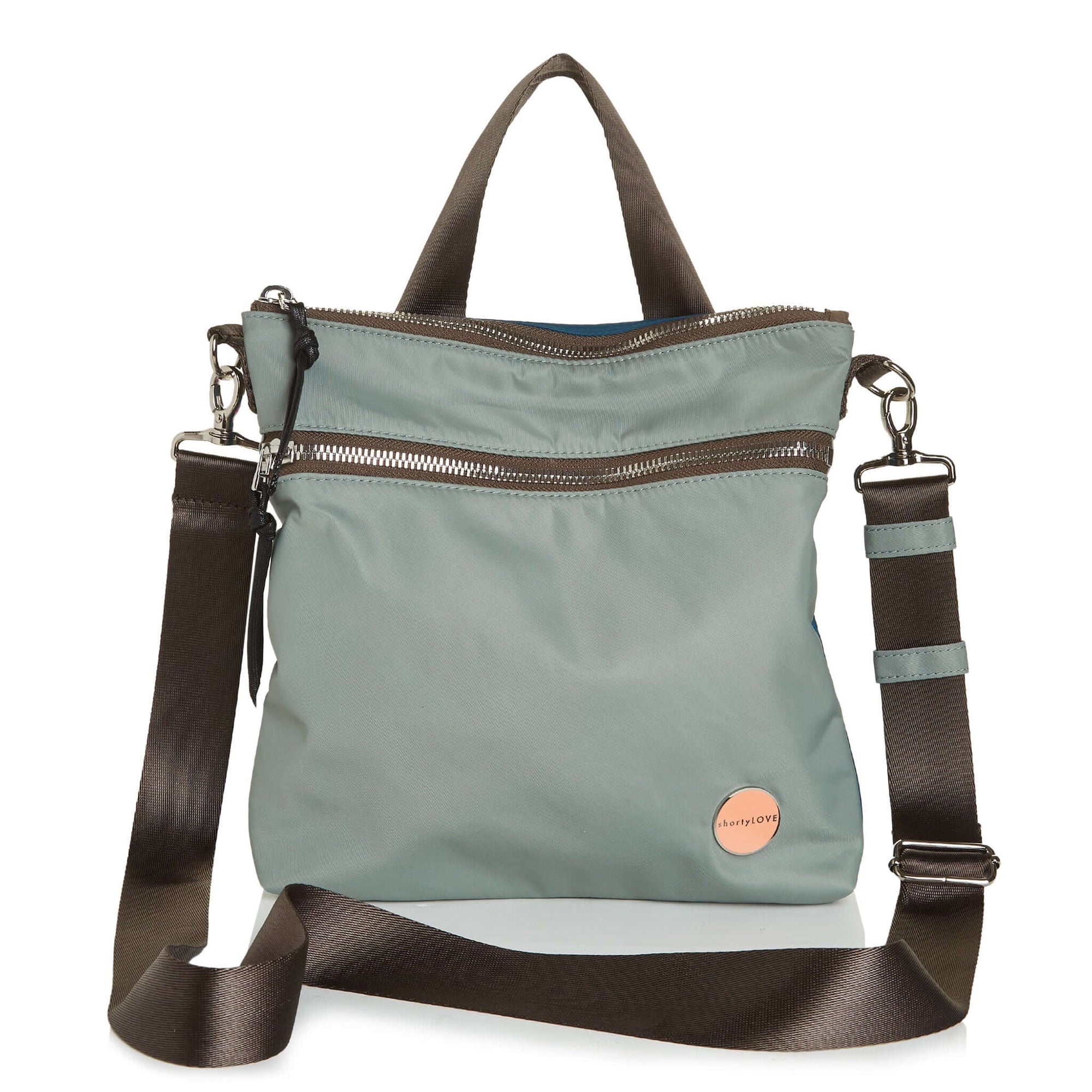 shortyLOVE amuse medium sized crossbody bag in slate/teal; front view against white background.