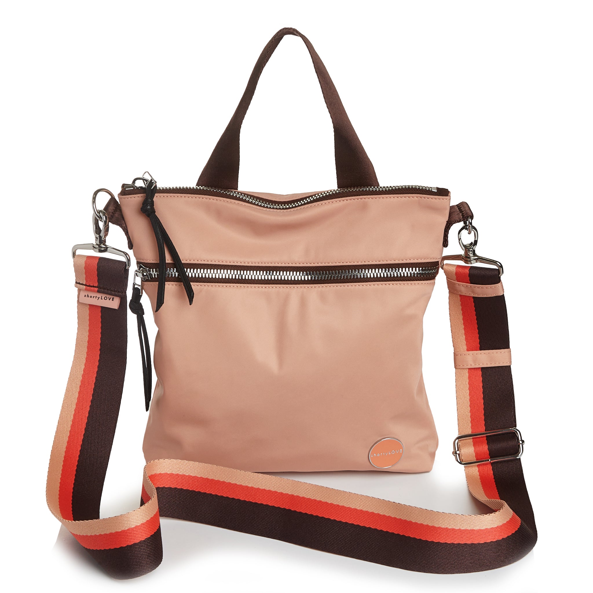 shortyLOVE boardwalk strap in chocolate/peach/coral; shown with amuse bag in dusty peach.