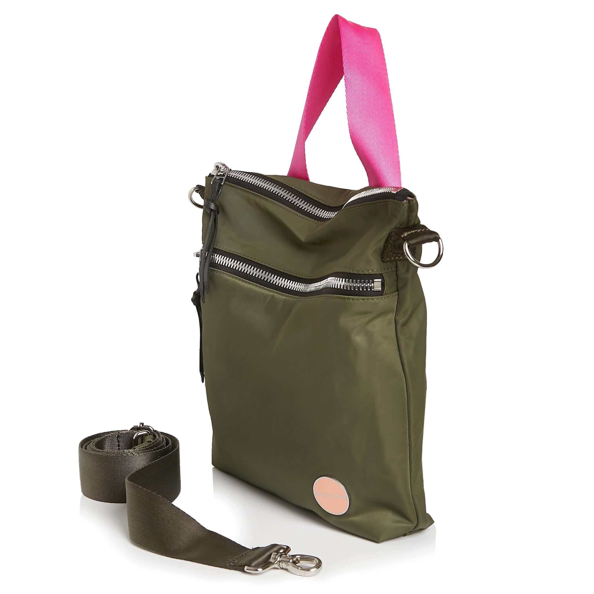 shortyLOVE amuse medium sized crossbody bag in army green; side angle view against white background.