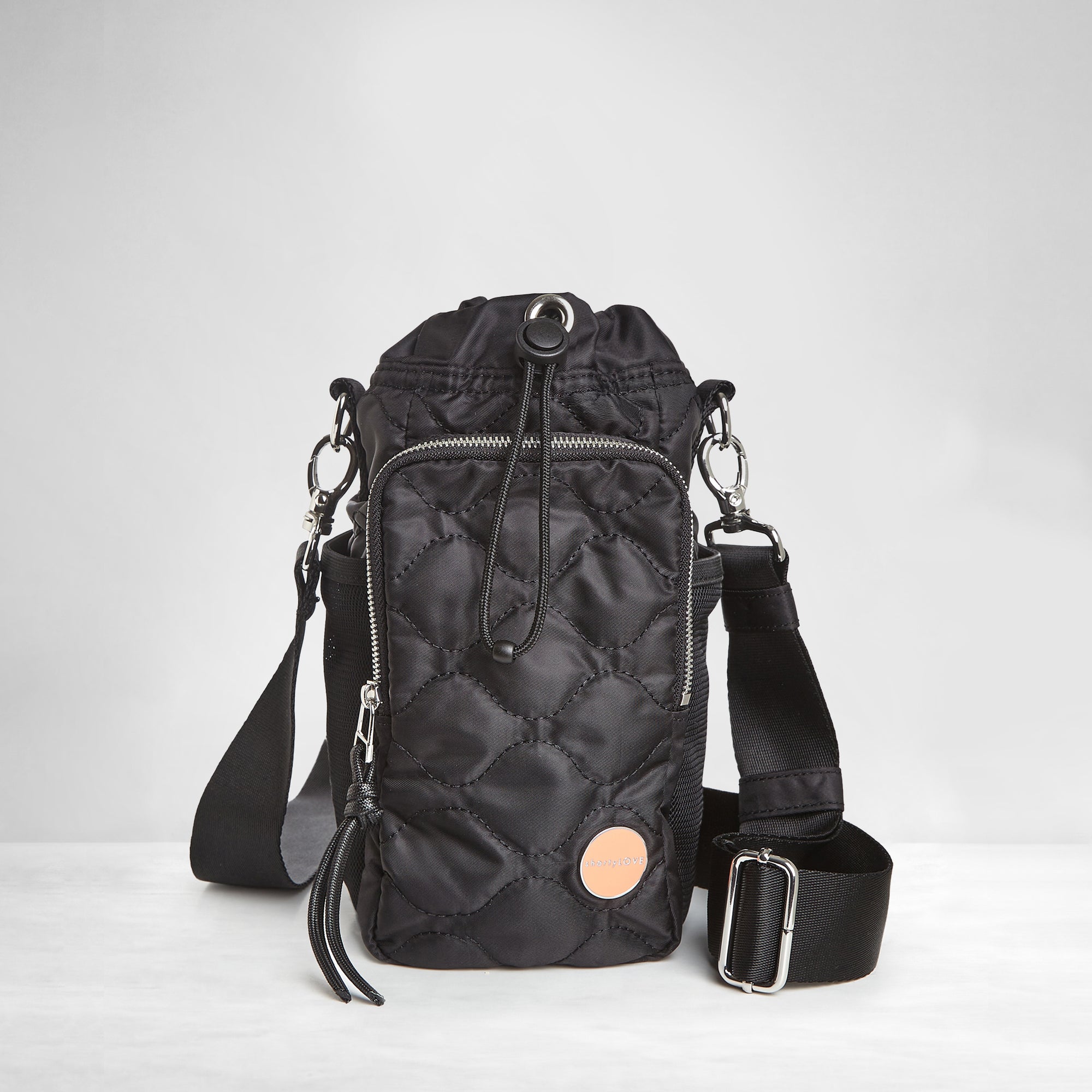 shortyLOVE bea sling bag in black; front view against grey background.