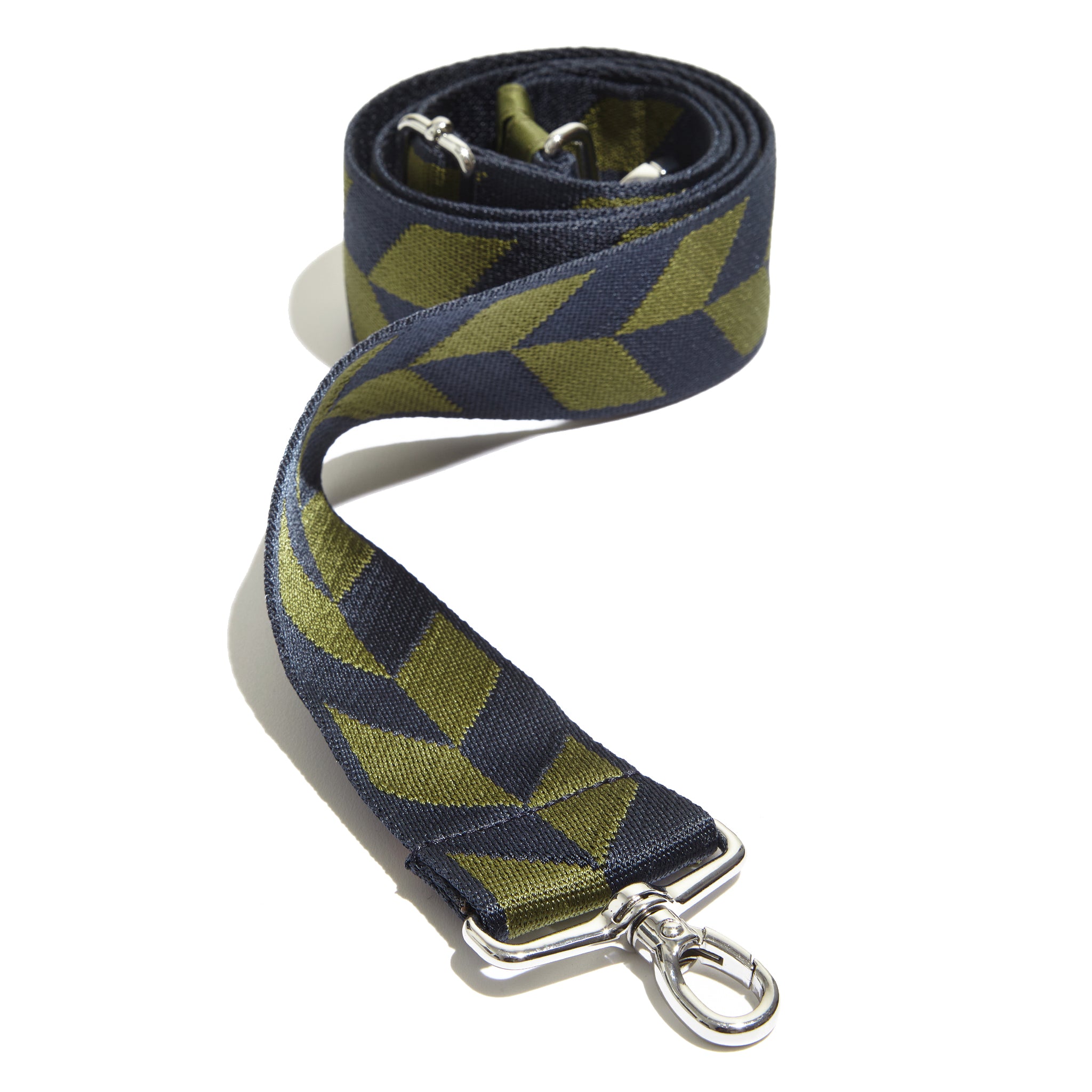shortyLOVE boardwalk strap in arrow design in midnight/sage; top view front view rolled against white background.