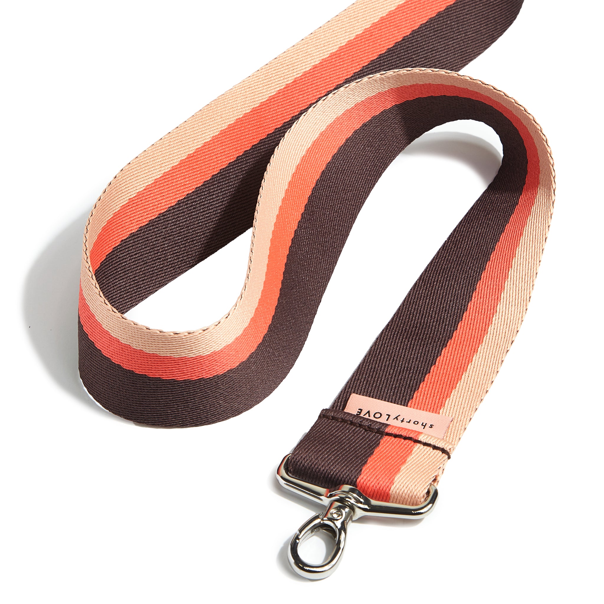 shortyLOVE boardwalk strap in chocolate/peach/coral; top view open against white background.
