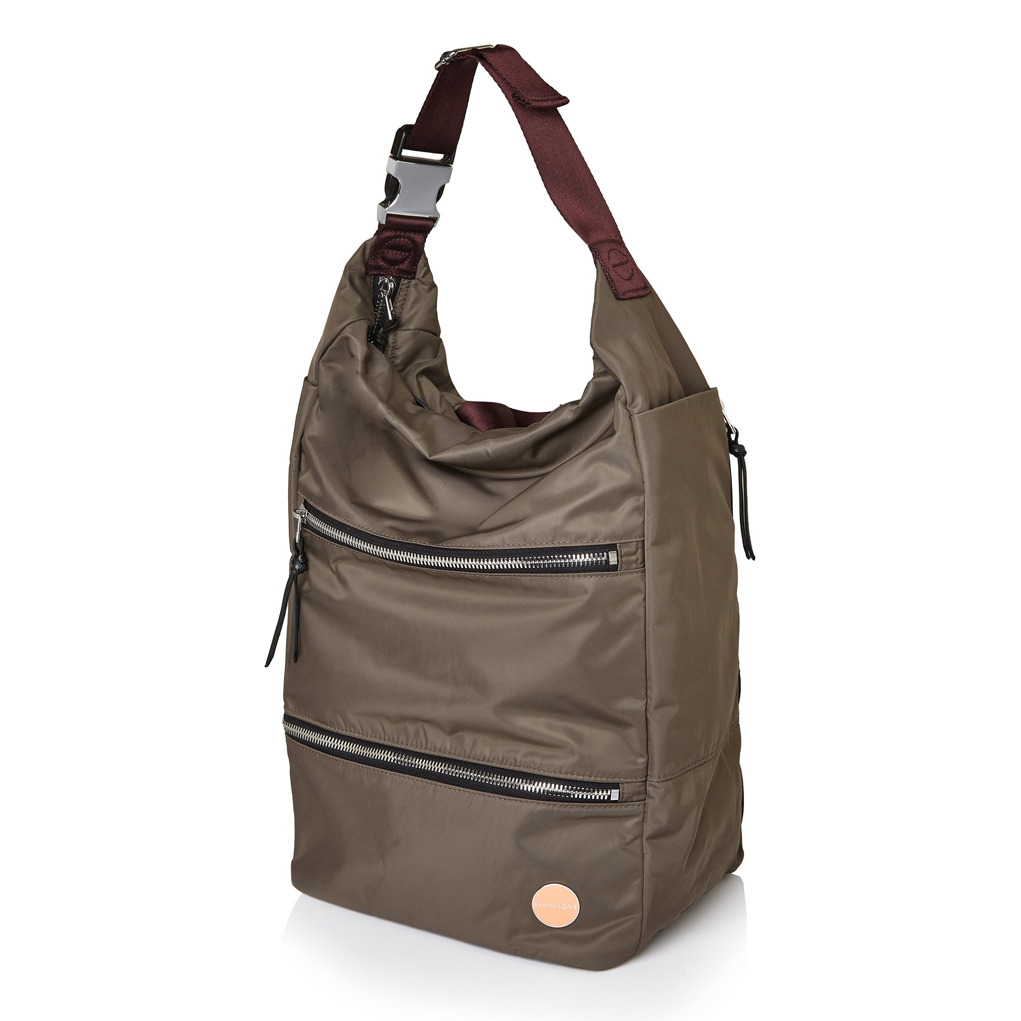 shortyLOVE boxer backpack in mocha; side angle view against white background.