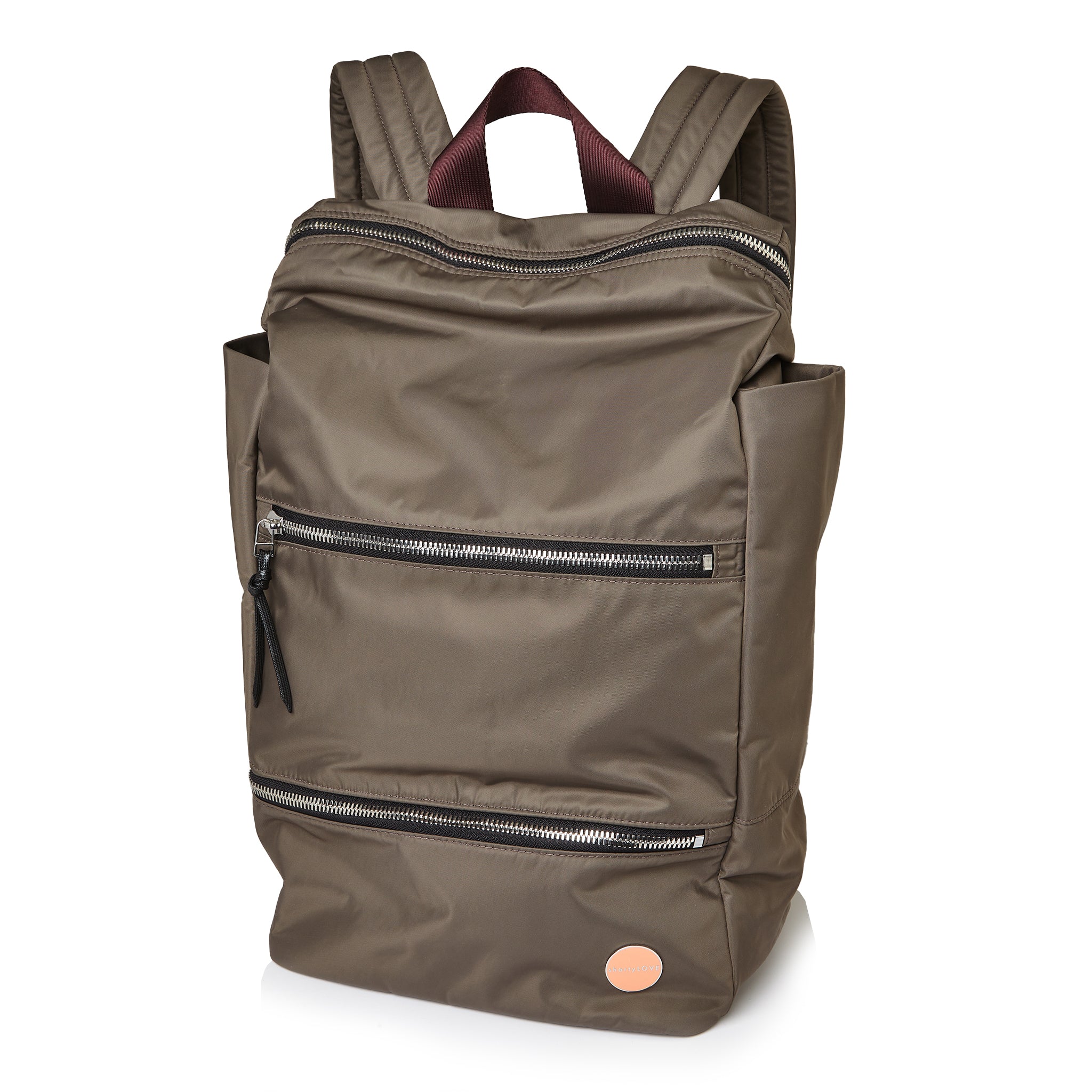 shortyLOVE boxer backpack in mocha; front view against white background.