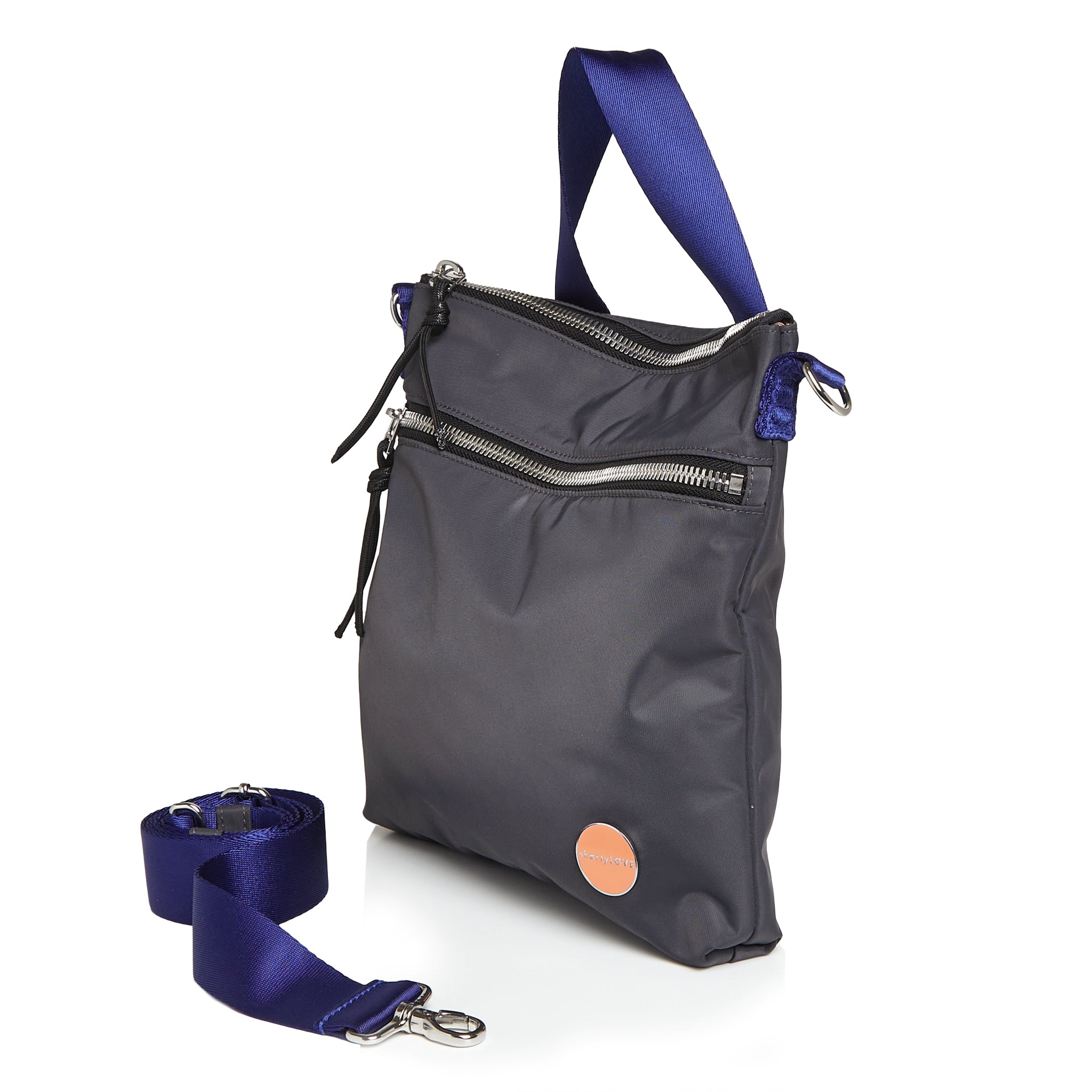 shortyLOVE amuse medium sized crossbody bag in charcoal; side angle view against white background.