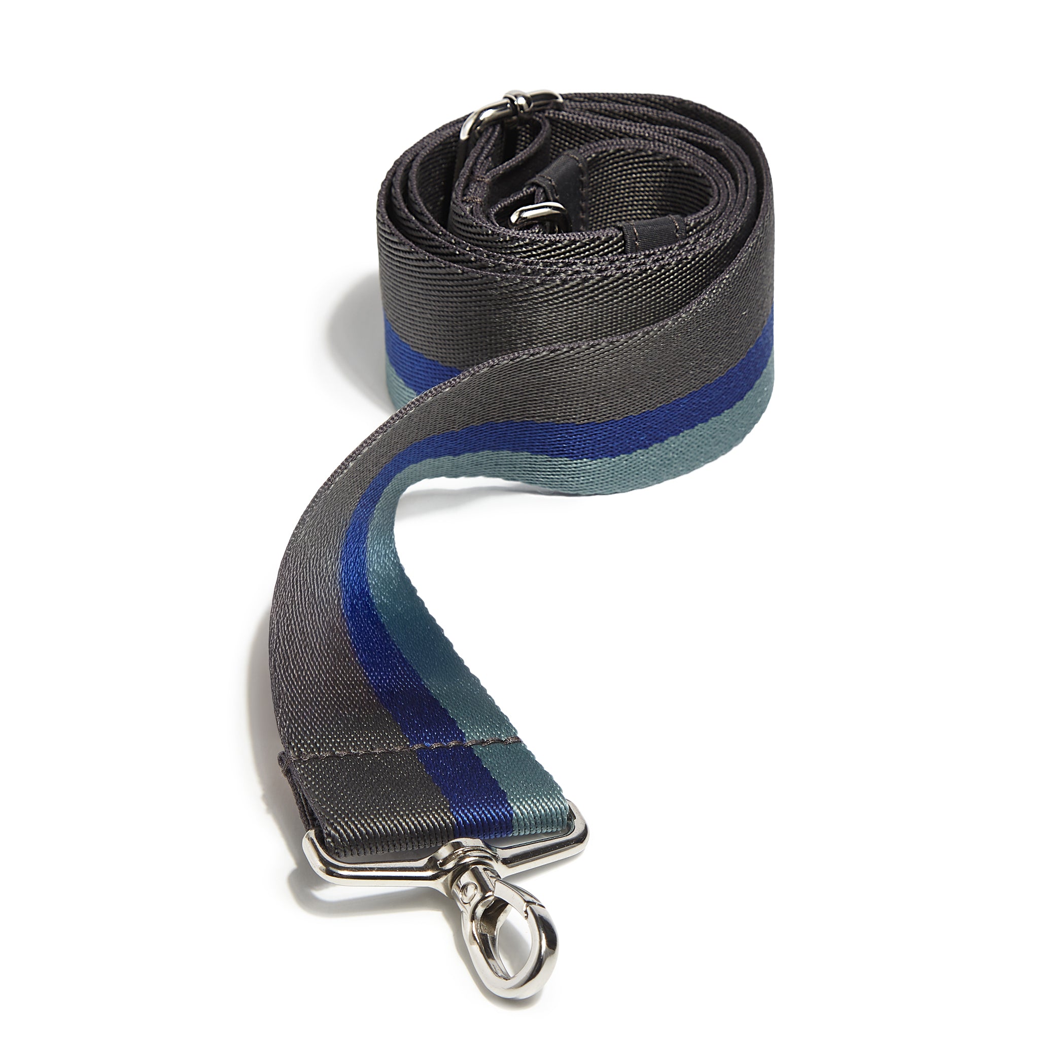 shortyLOVE boardwalk strap in charcoal/violet/steel; front view rolled against white background.