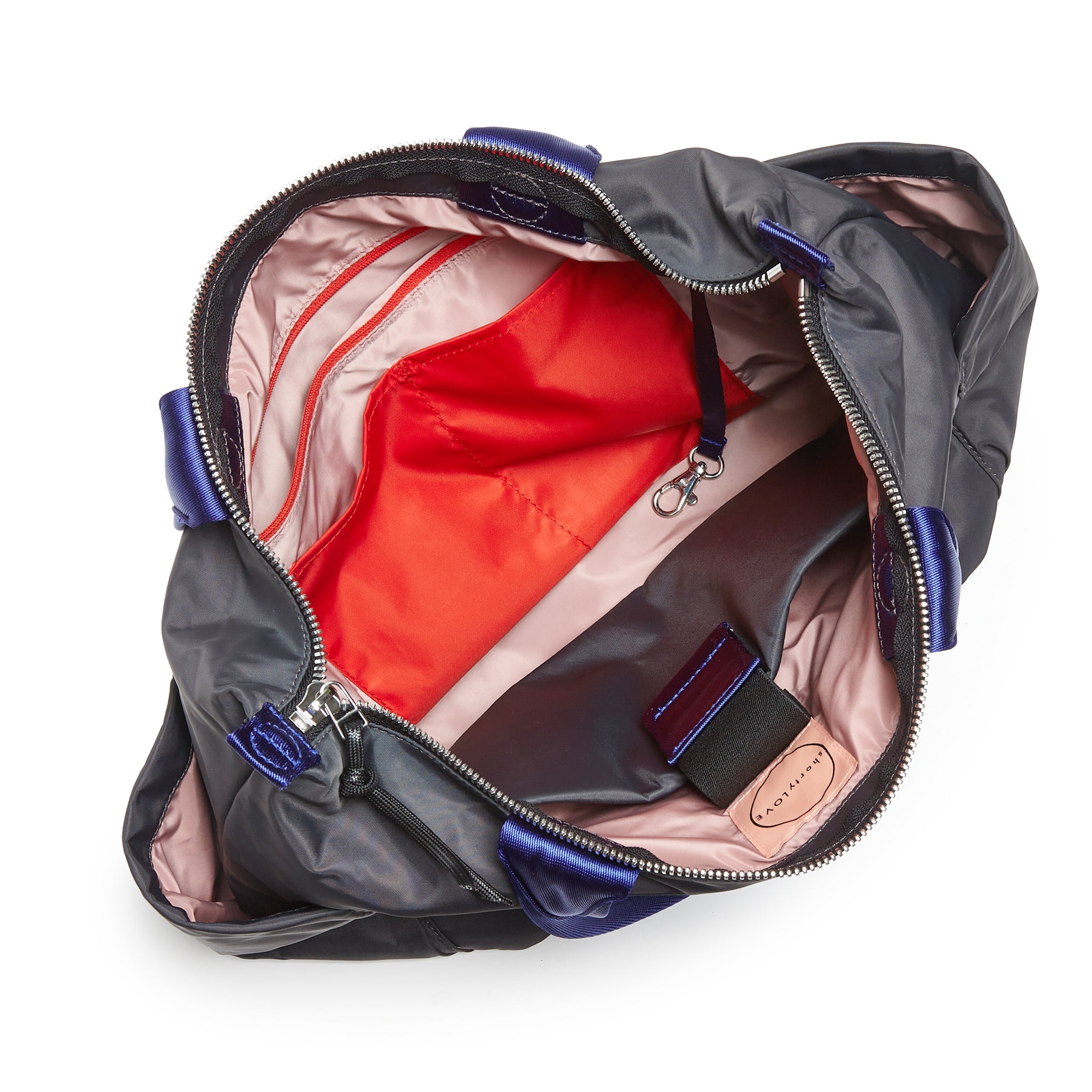 shortyLOVE tillie tote bag in charcoal; top-down view showing interior blush/red lining against white background.