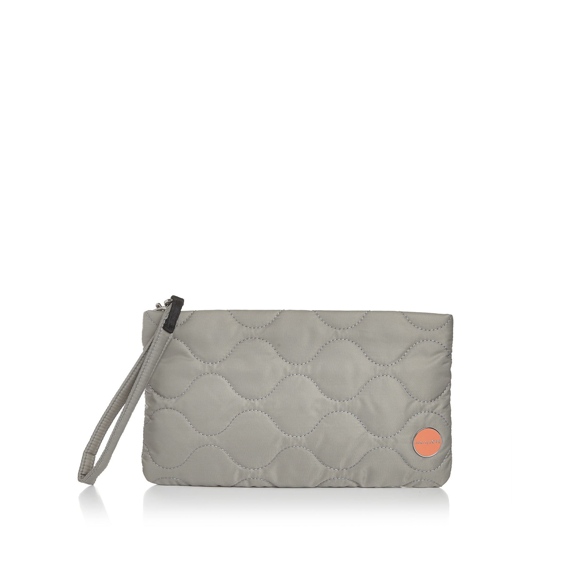 shortyLOVE cleo wristlet clutch in milky grey; front view against white background.