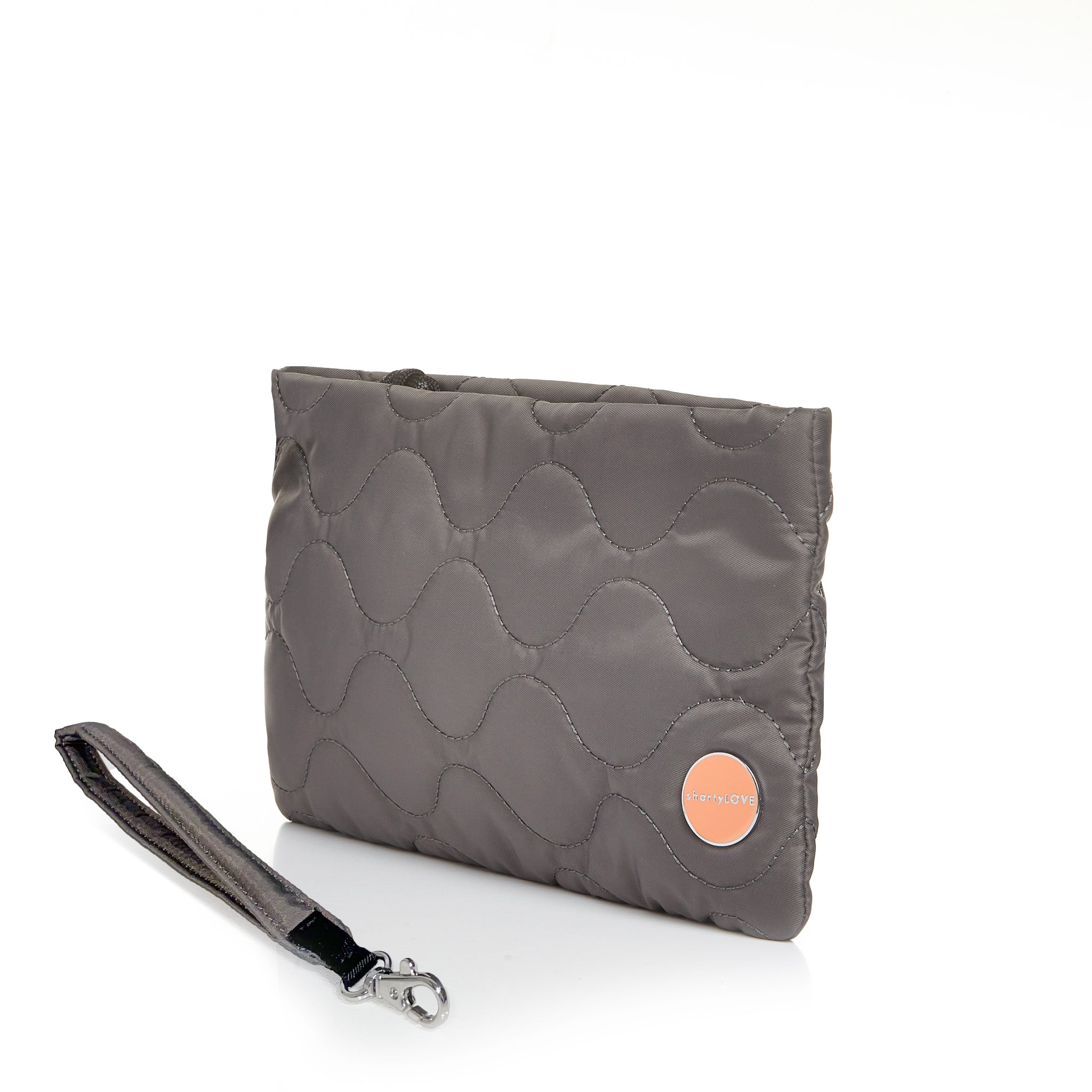 shortyLOVE cleo wristlet clutch in pewter; side view against white background.