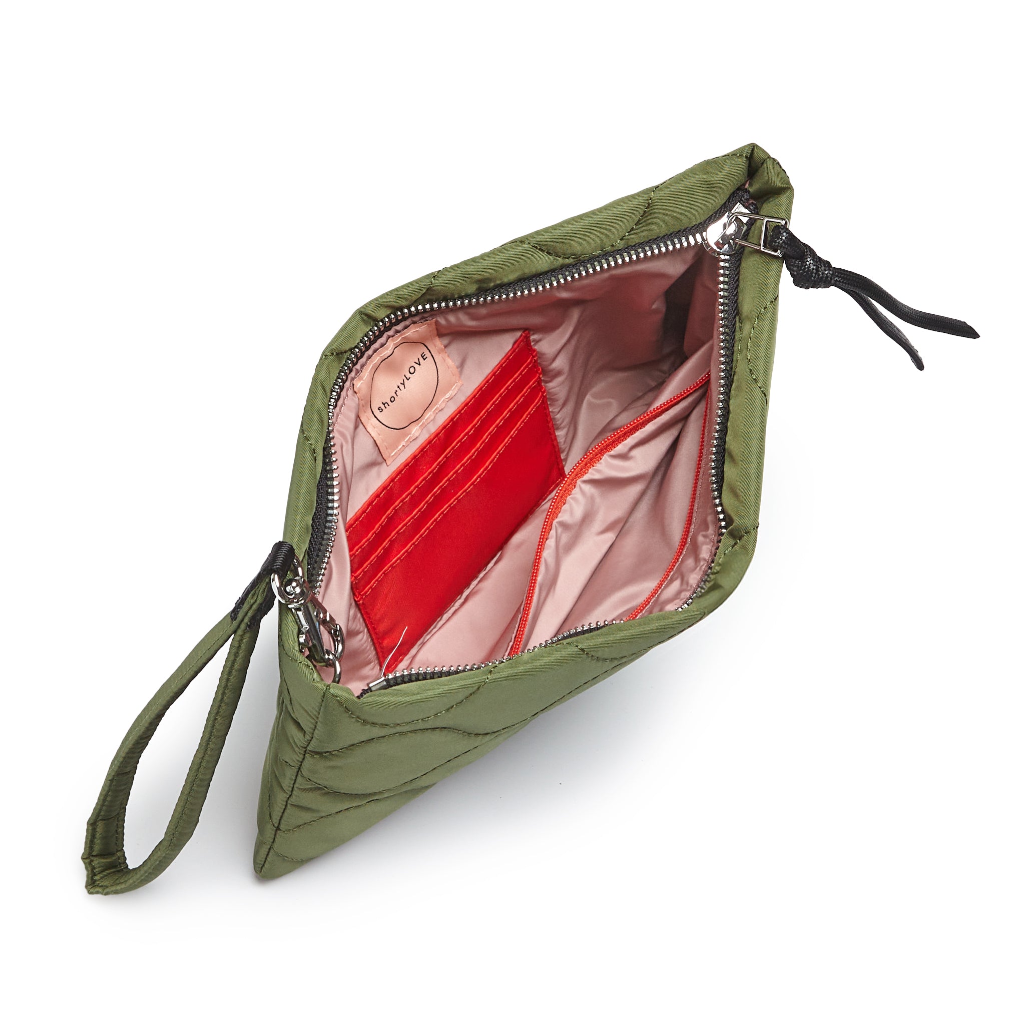 shortyLOVE cleo wristlet clutch in sage; top-down view showing interior blush lining against white background.