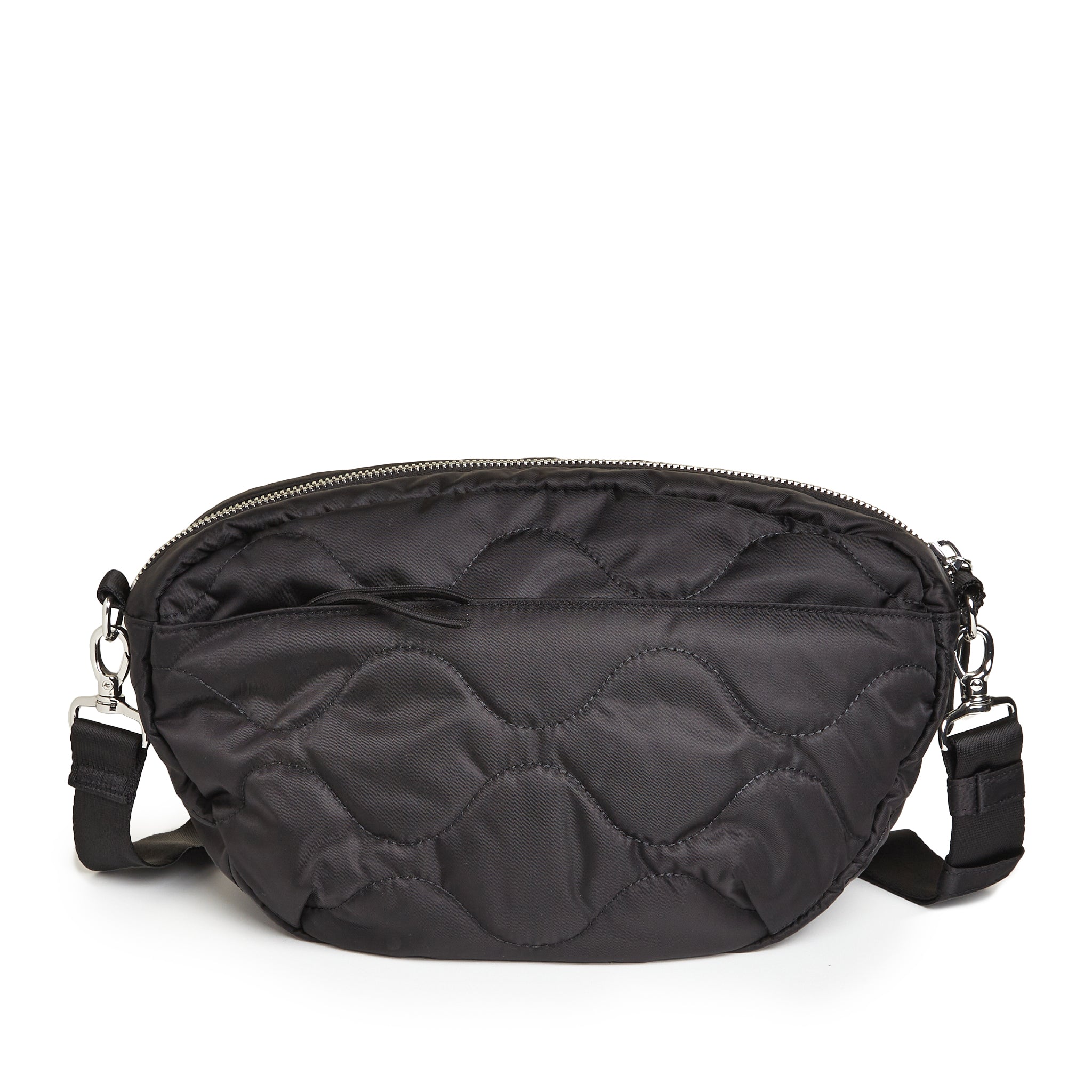 shortyLOVE cruiser medium crossbody bag in black; back view against white background.