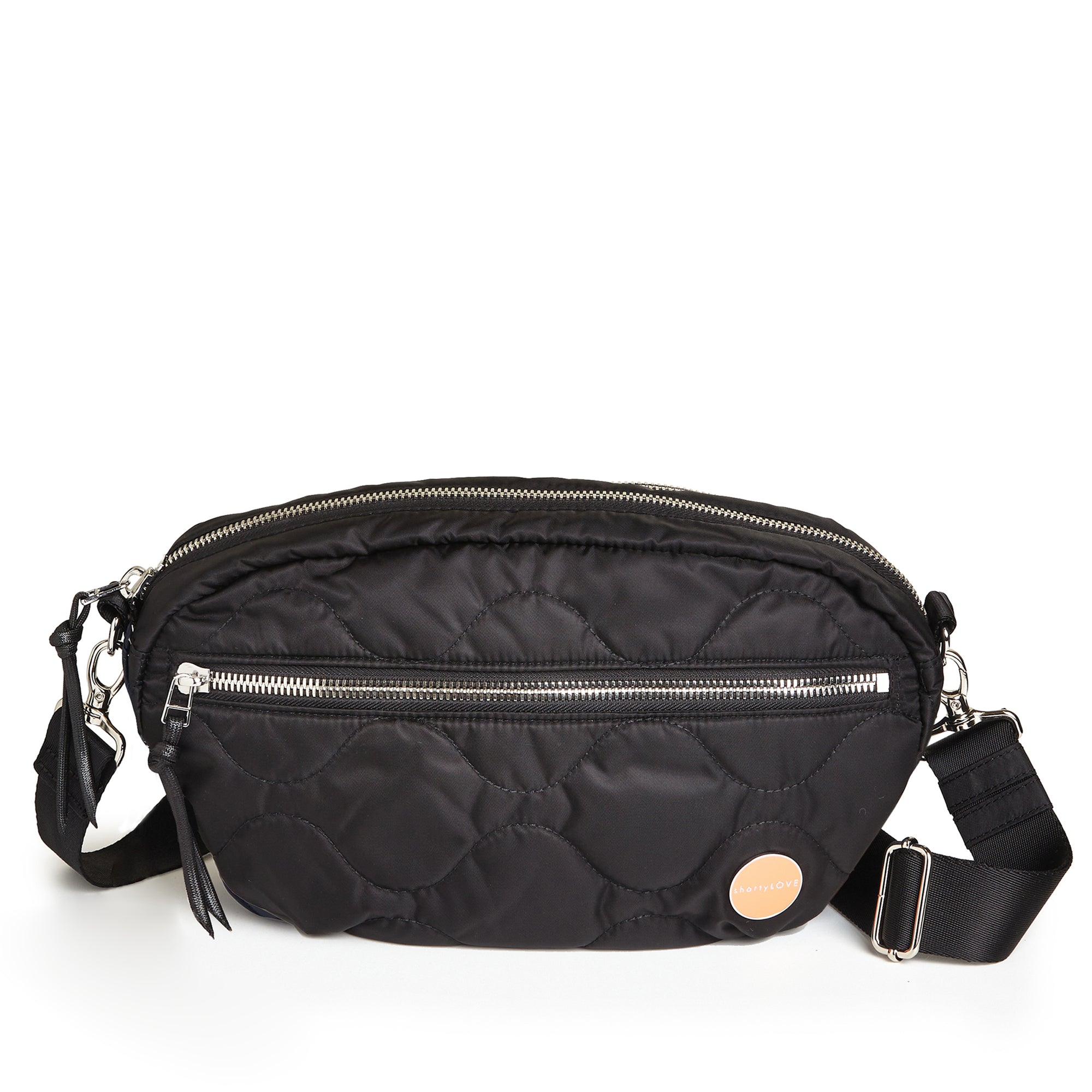 shortyLOVE cruiser medium designer women’s crossbody handbag in black; front view against white background