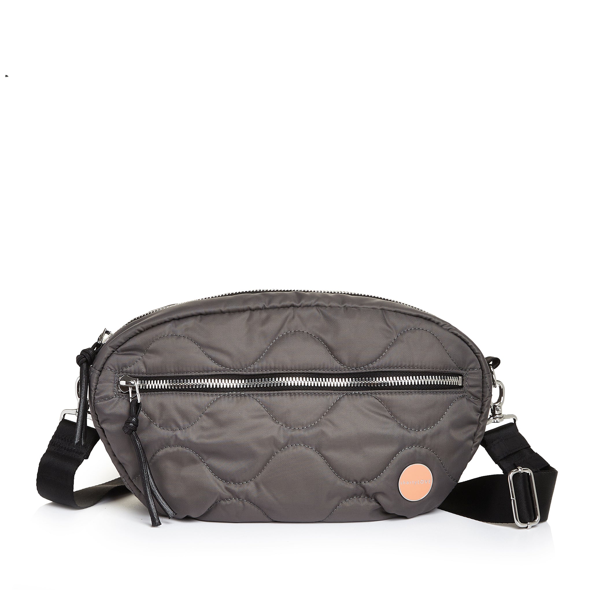 shortyLOVE cruiser medium crossbody bag in pewter; front view against white background.