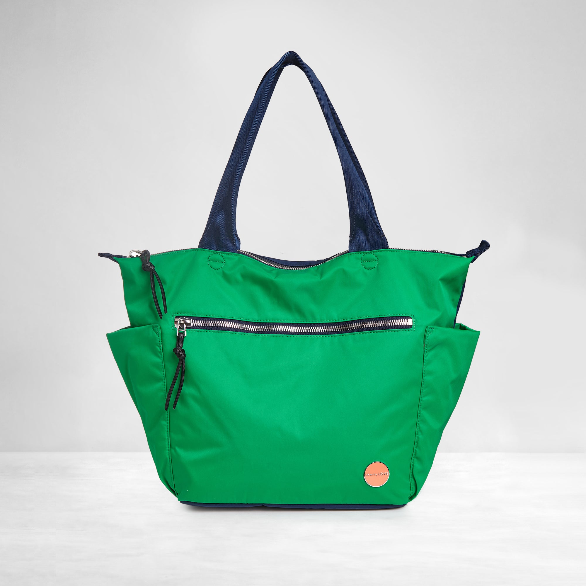 shortyLOVE tillie tote bag in grass green/navy; front view against white background.