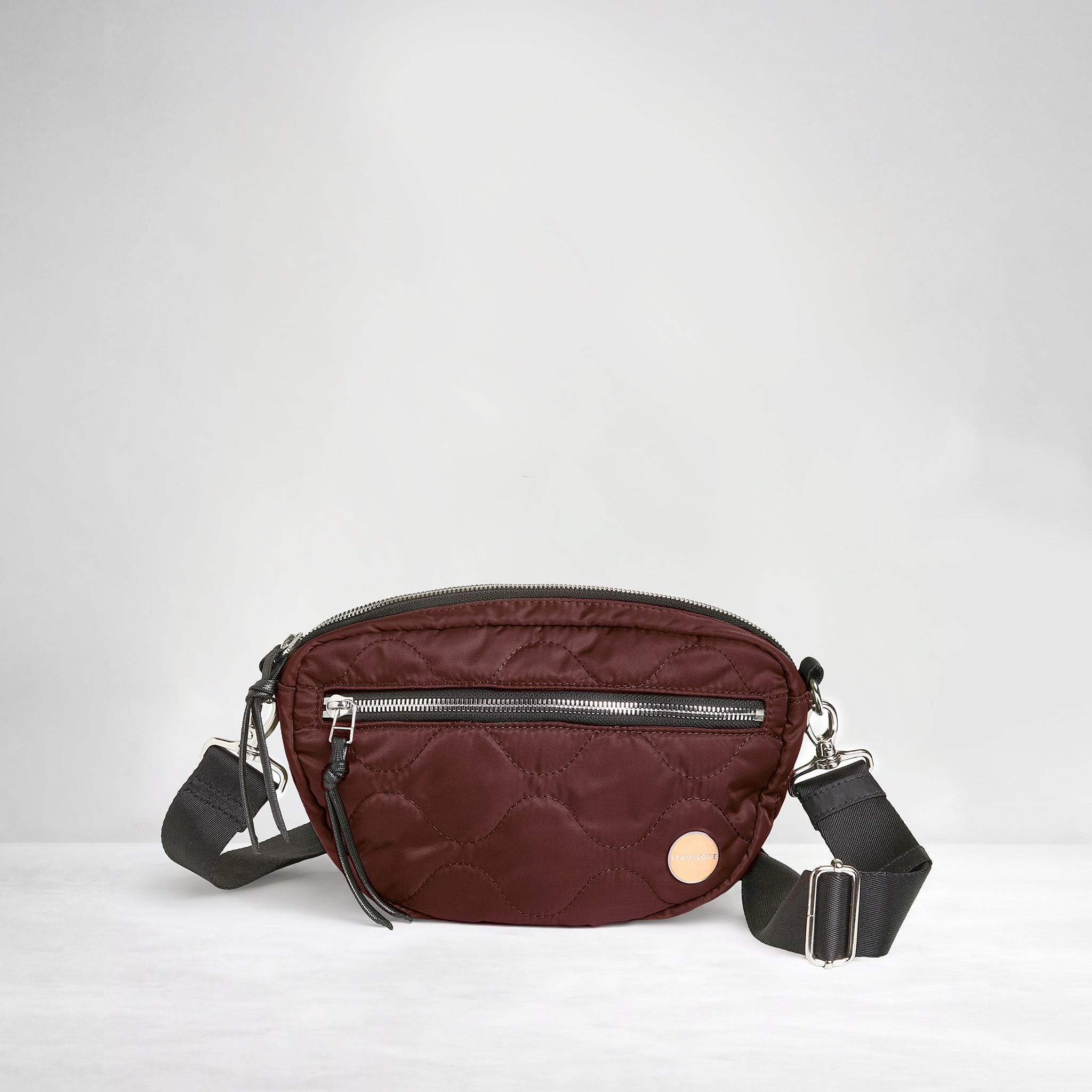 shortyLOVE small cruiser small crossbody bag in bordeaux; front view against white background.