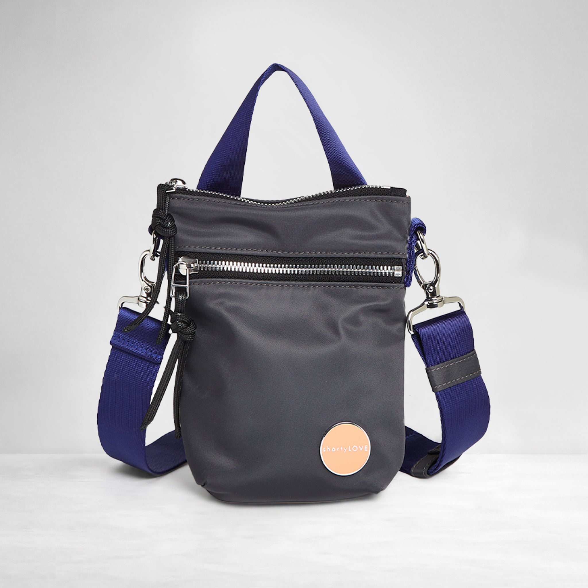 shortyLOVE shorthand small crossbody bag in charcoal; front view against white background.