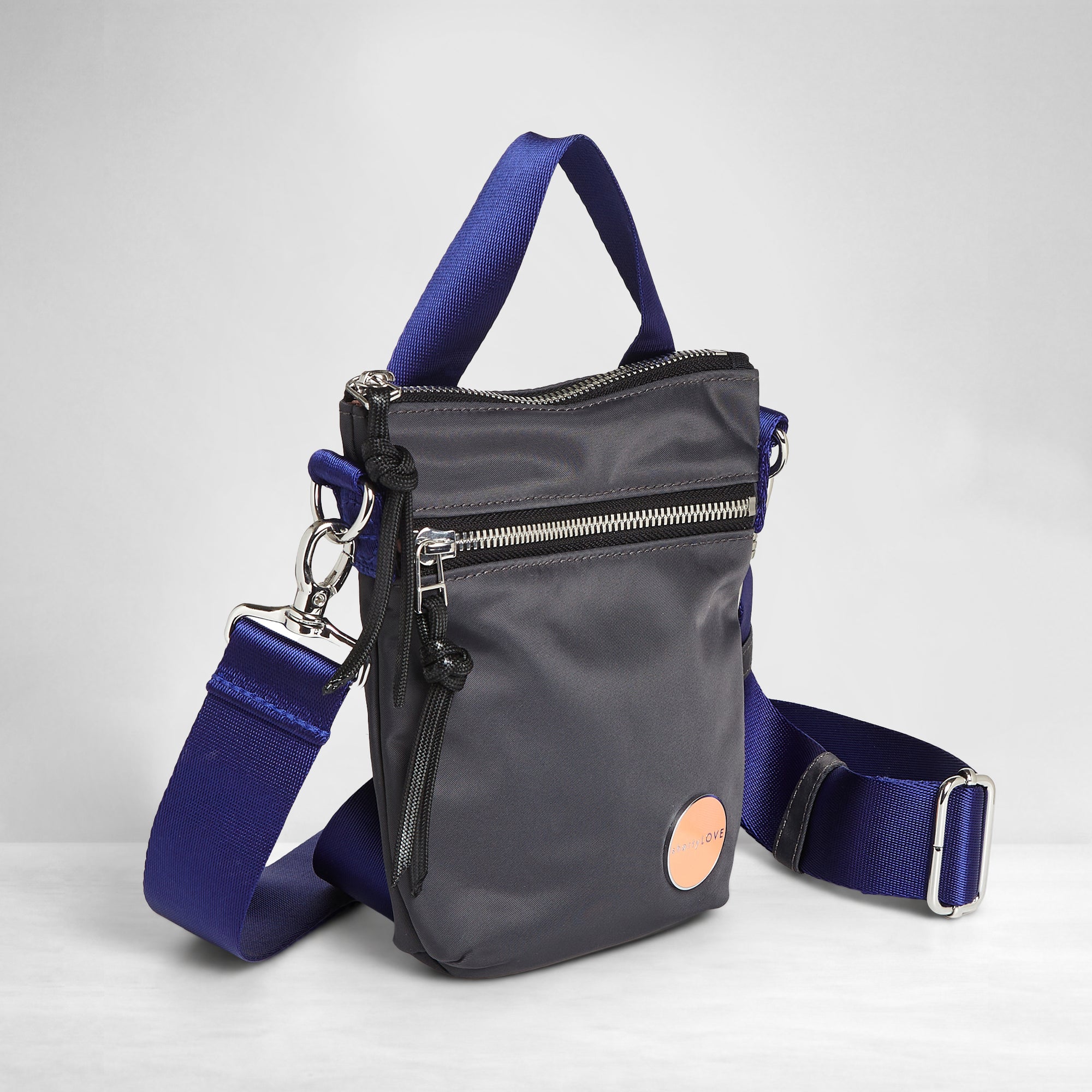 shortyLOVE shorthand small crossbody bag in charcoal; side angle view against white background.