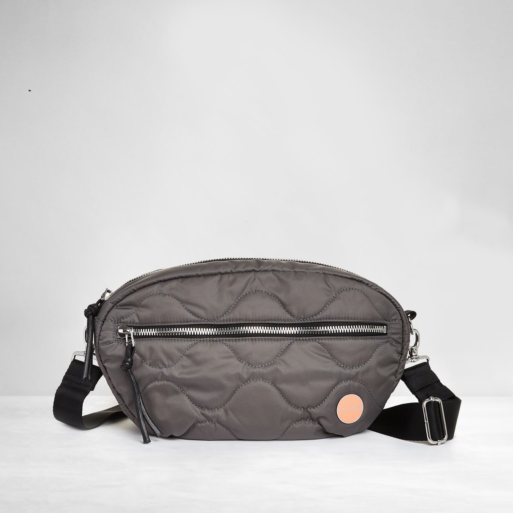 shortyLOVE cruiser medium crossbody bag in pewter; front view against white background.
