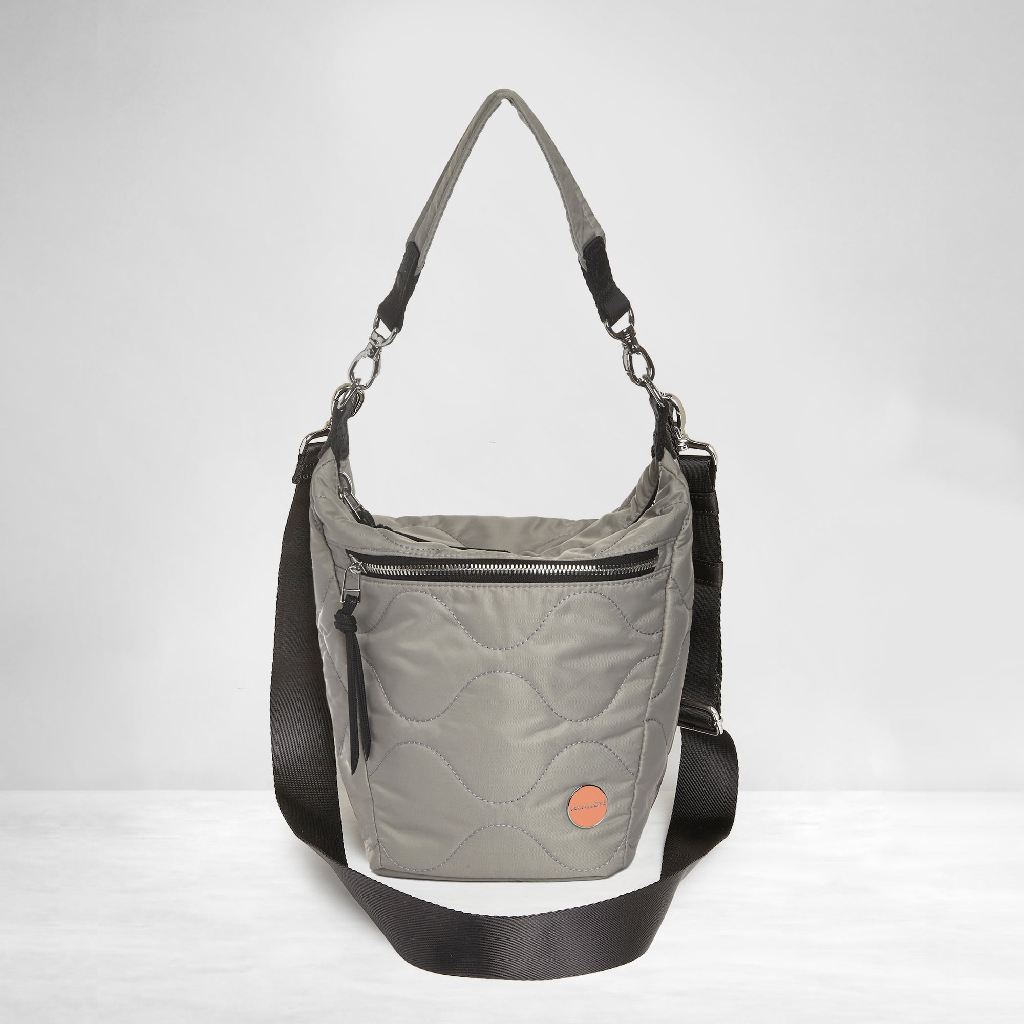 shortyLOVE marcel crossbody bucket bag in milky grey; front view against white background.