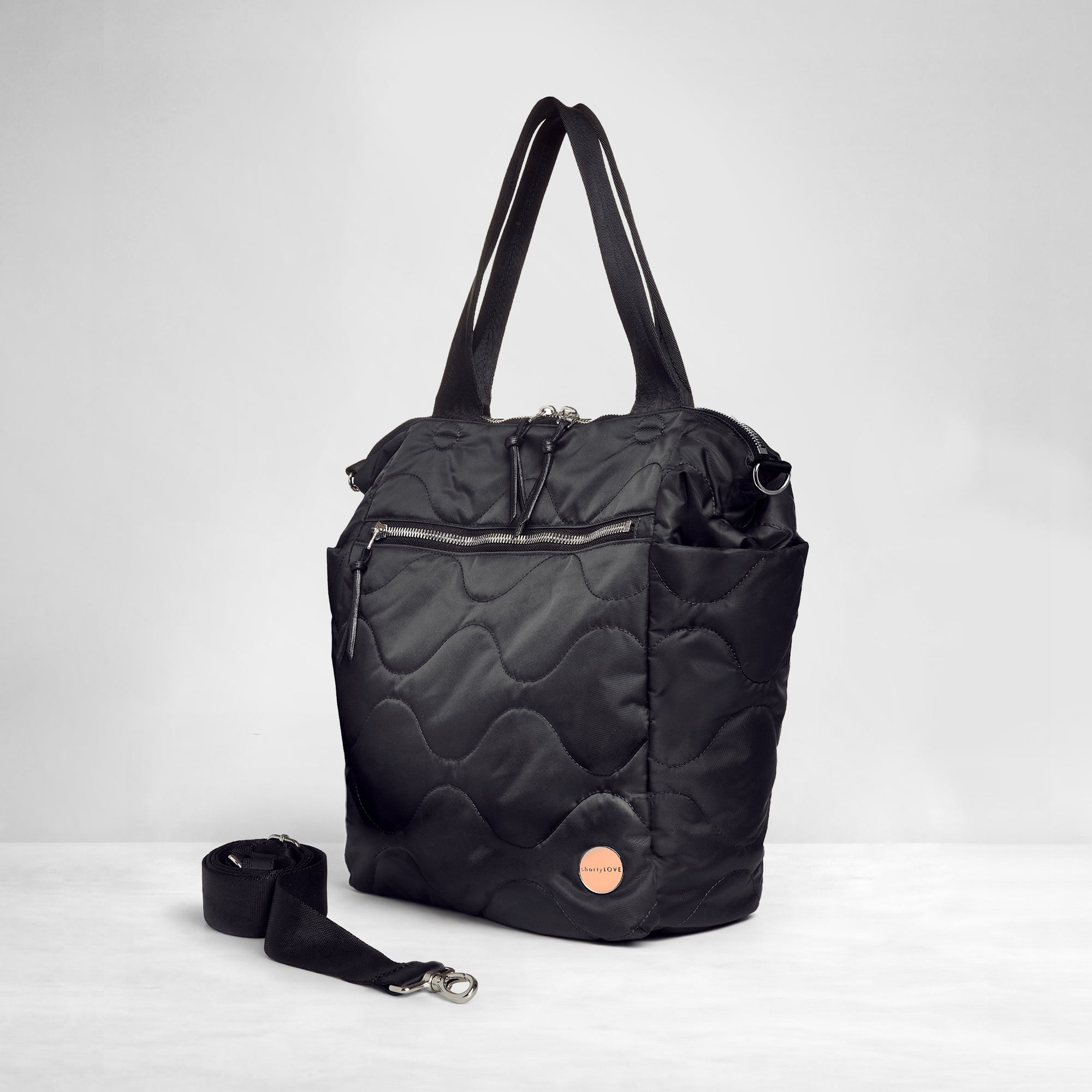 shortyLOVE ranger large tote bag in black; side view against white background.