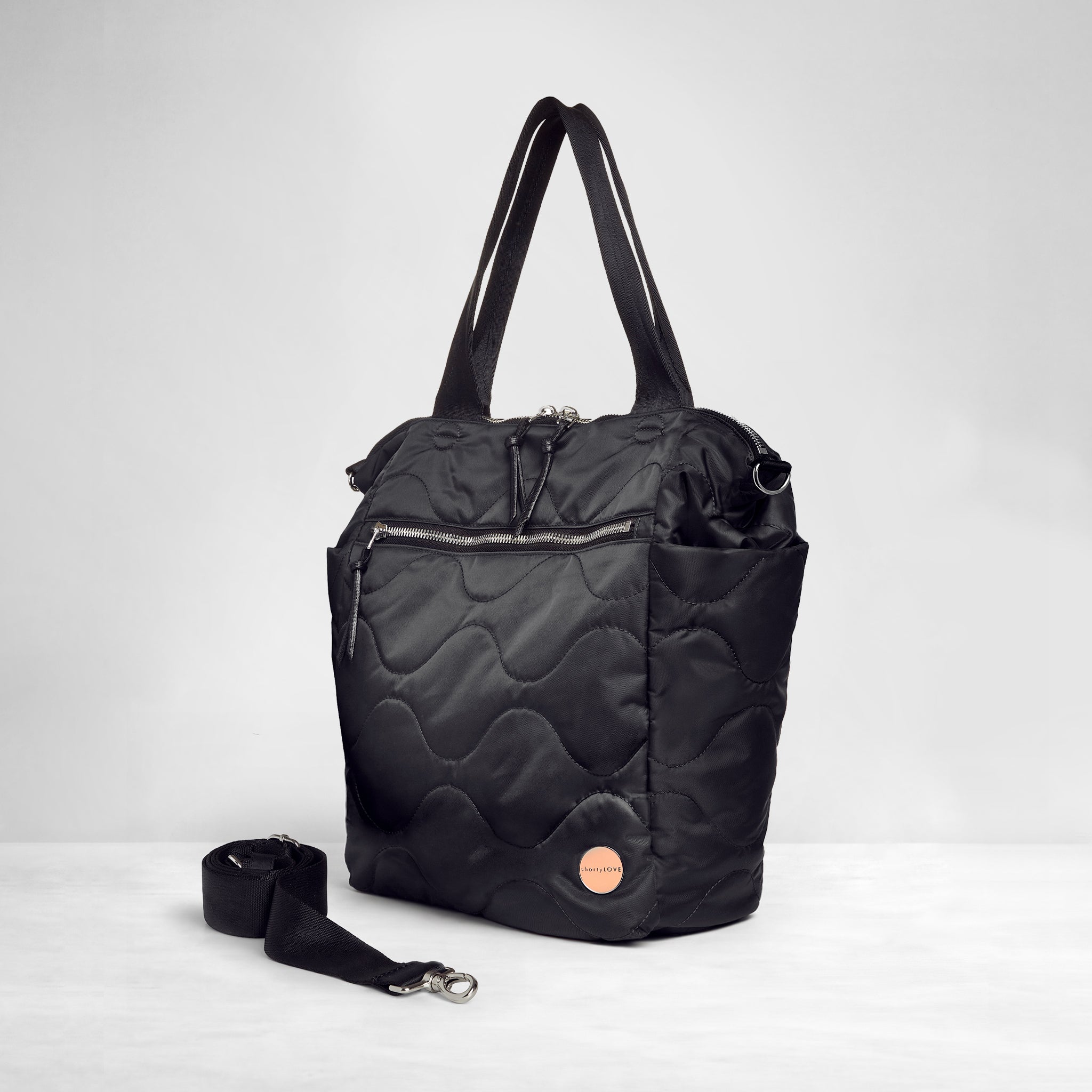 shortyLOVE ranger large tote bag in black; side view against white background.