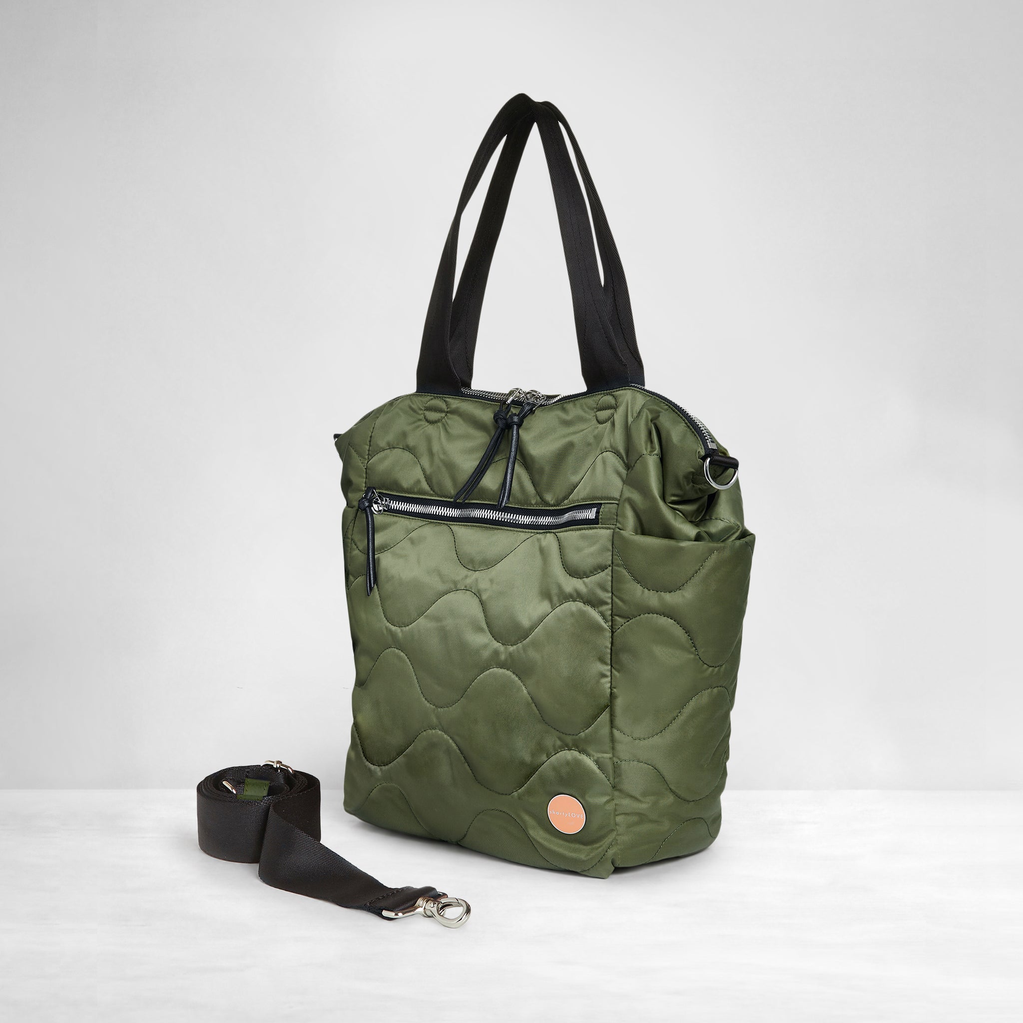 shortyLOVE ranger large tote bag in sage; side view against white background.