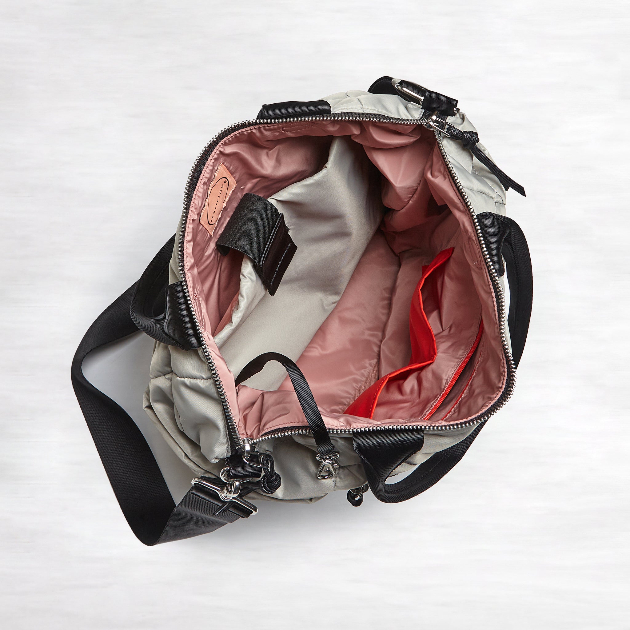 shortyLOVE ranger large tote bag in milky grey; top-down view showing interior blush lining against white background.