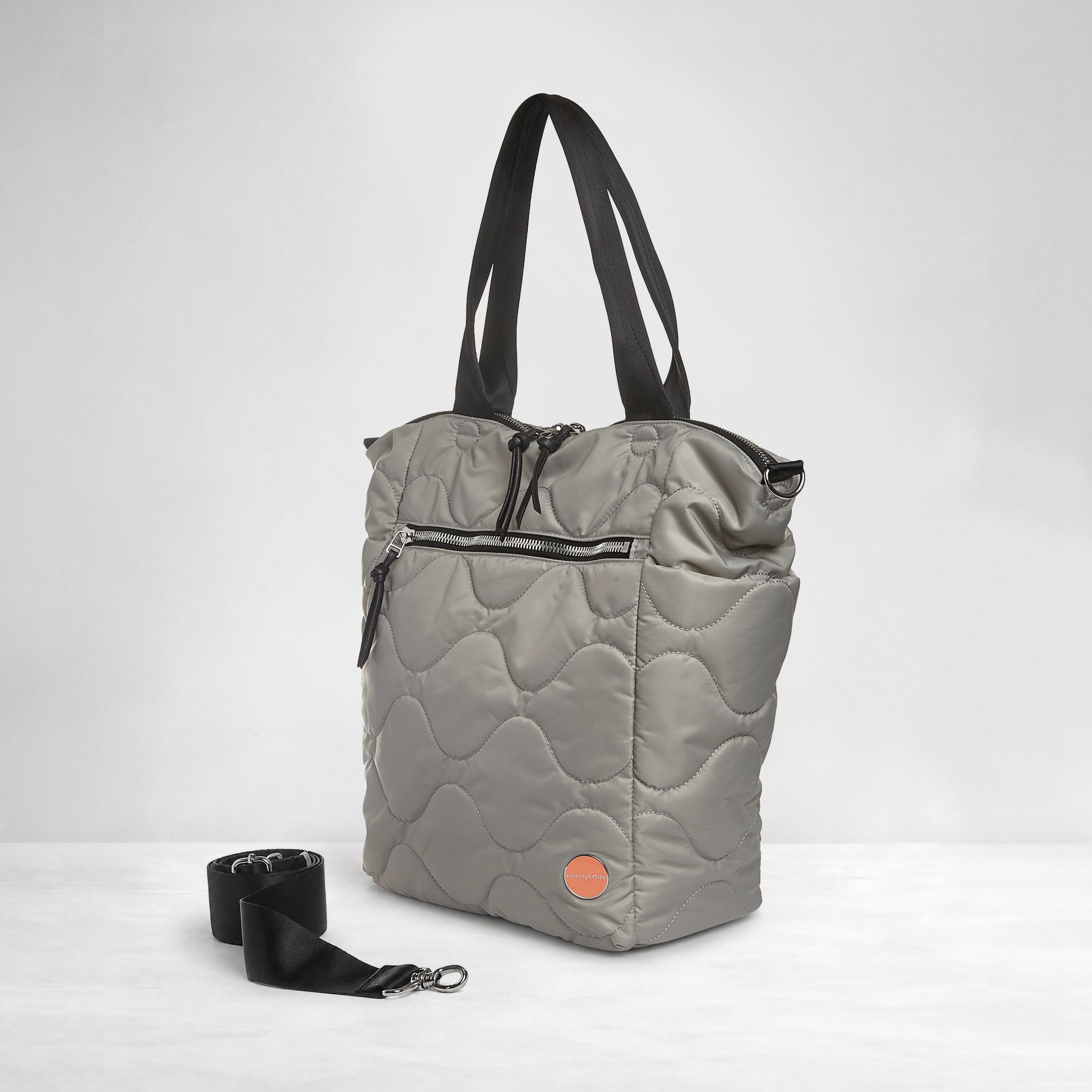 shortyLOVE ranger large tote bag in milky grey; side view against white background.