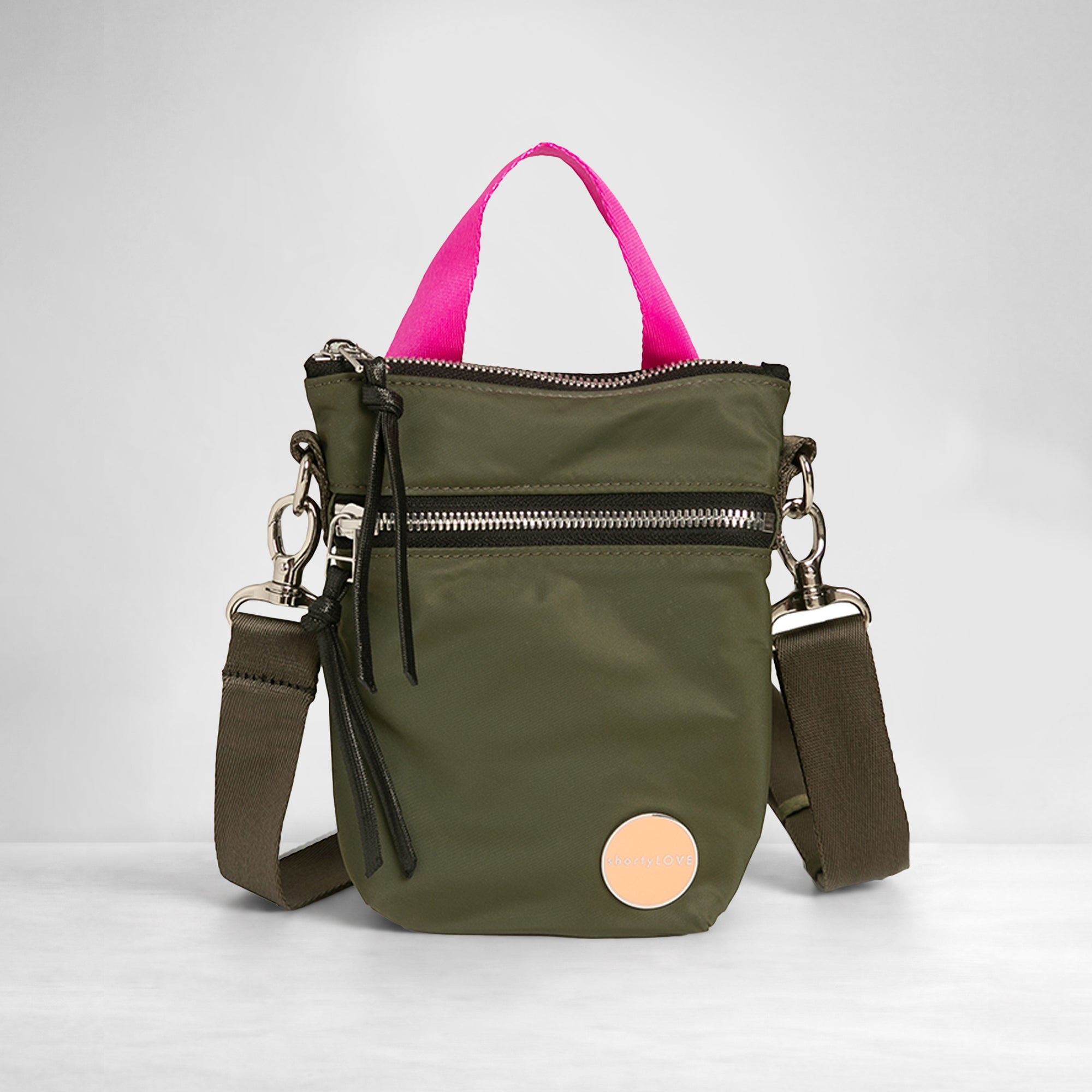shortyLOVE shorthand crossbody phone bag in army green; front view against white background.