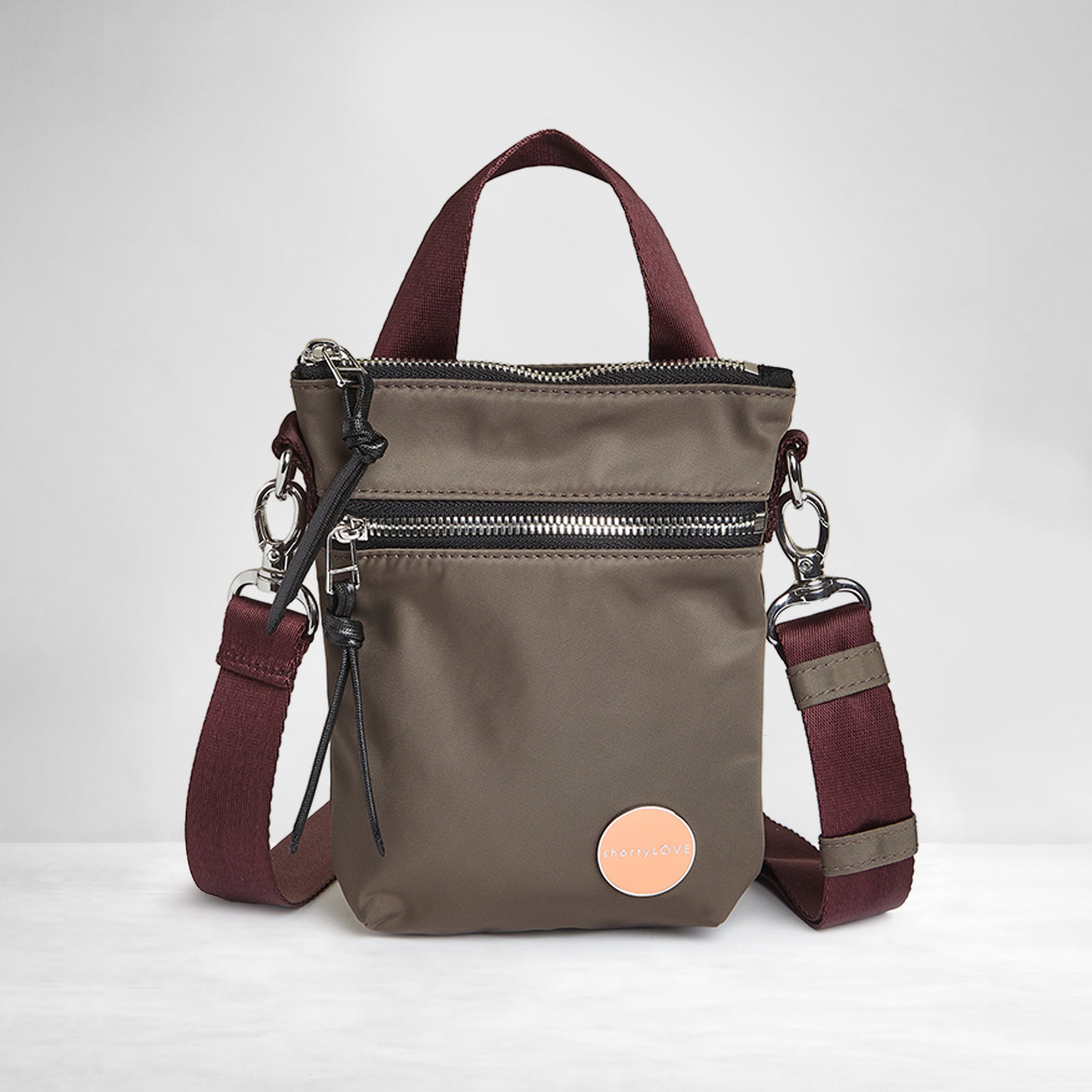 shortyLOVE shorthand small crossbody bag in mocha; front view against white background.