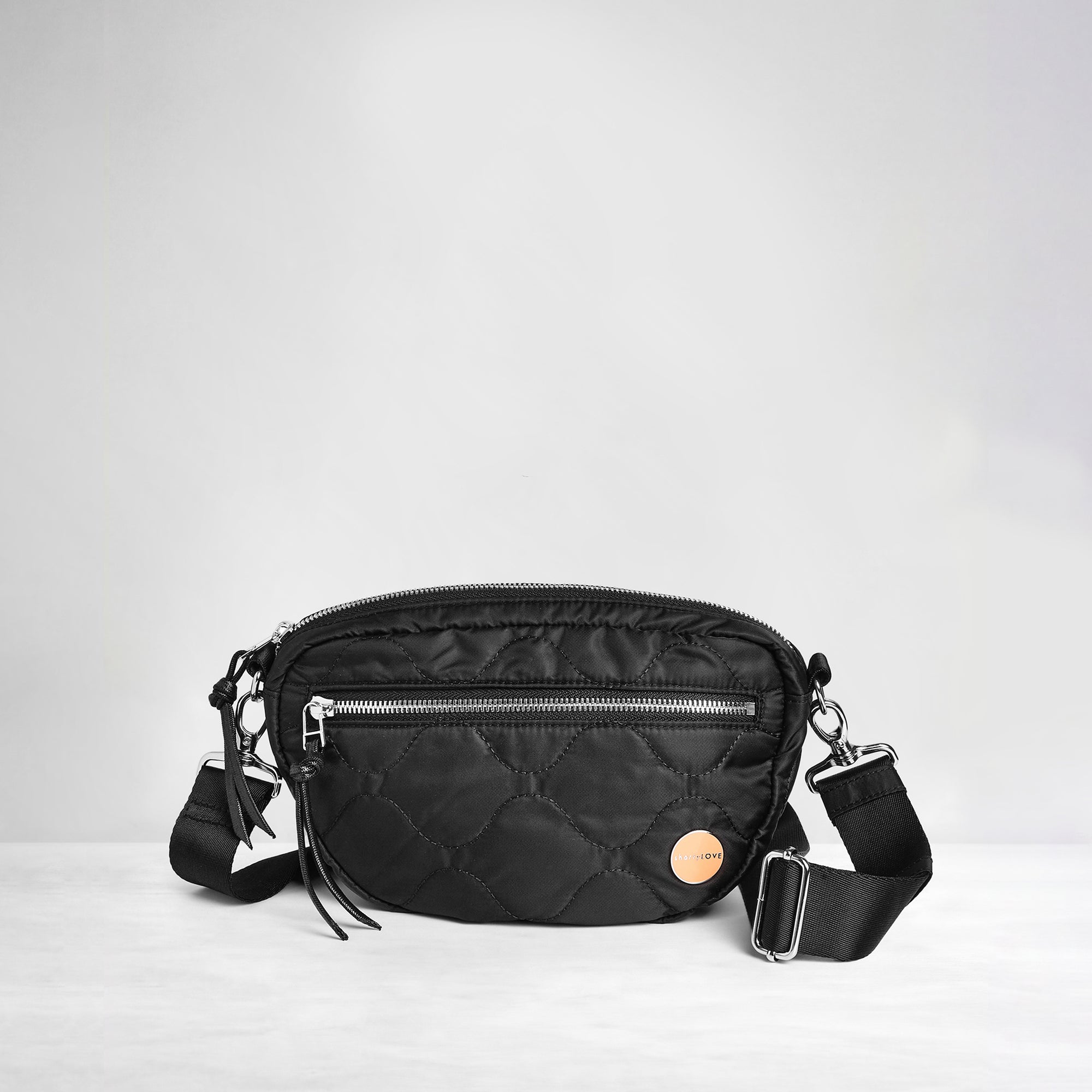 shortyLOVE small cruiser women’s designer nylon crossbody handbag in black; front view against white background