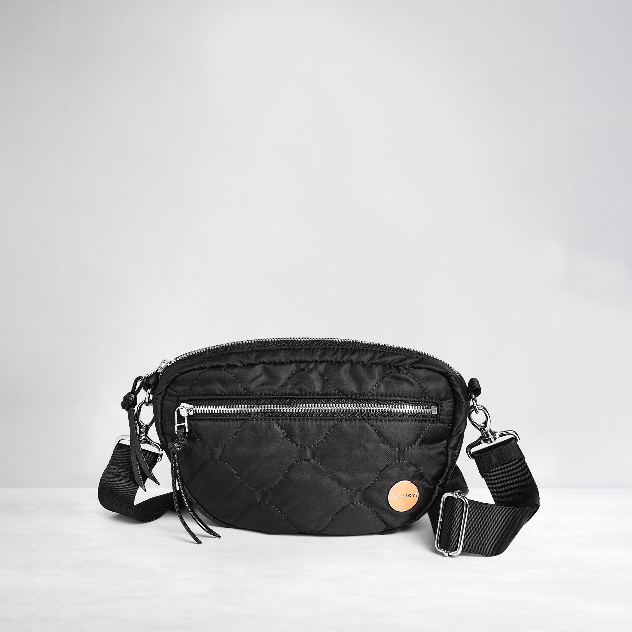 shortyLOVE small cruiser women’s designer nylon crossbody handbag in black; front view against white background
