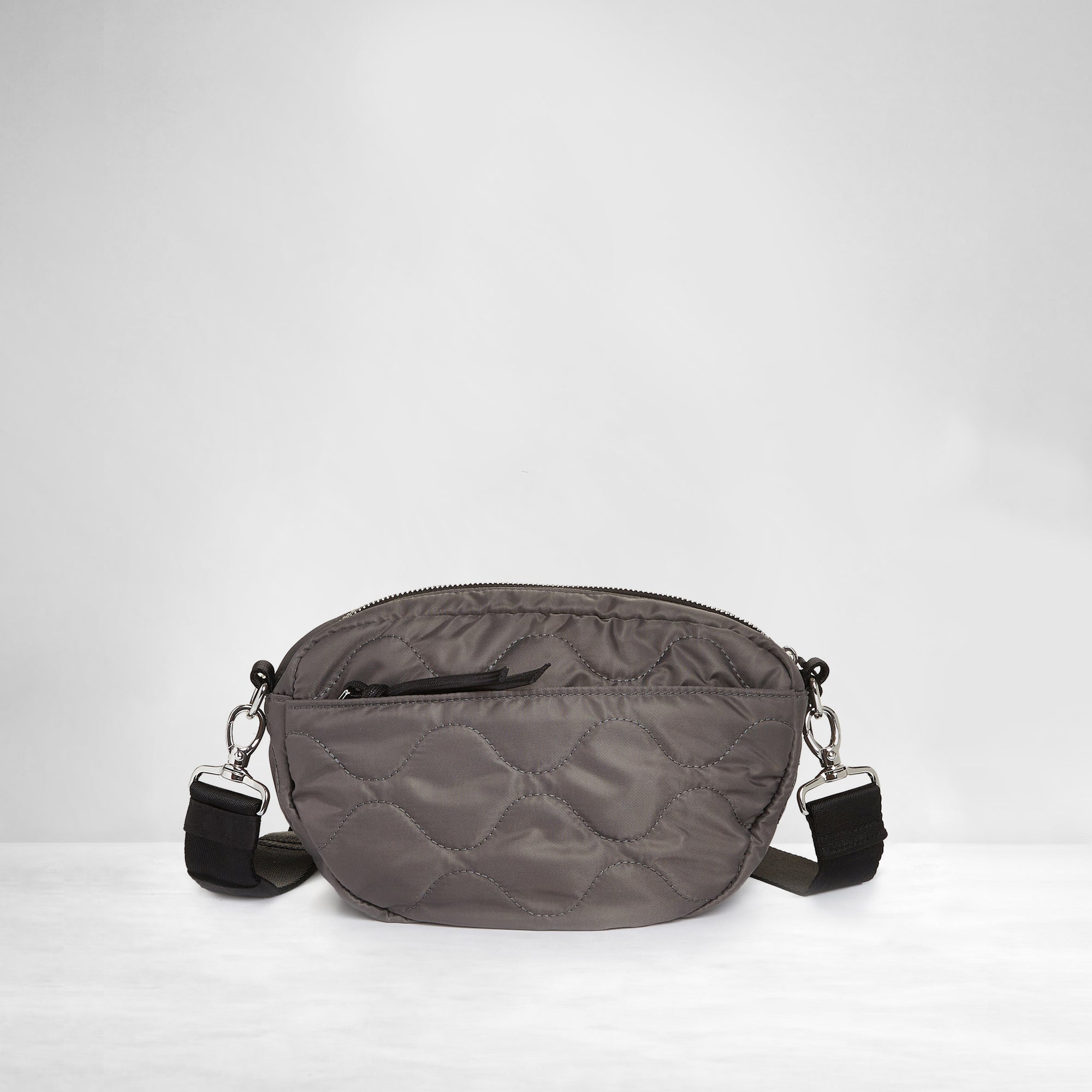 shortyLOVE small cruiser small crossbody bag in pewter; back view against white background.